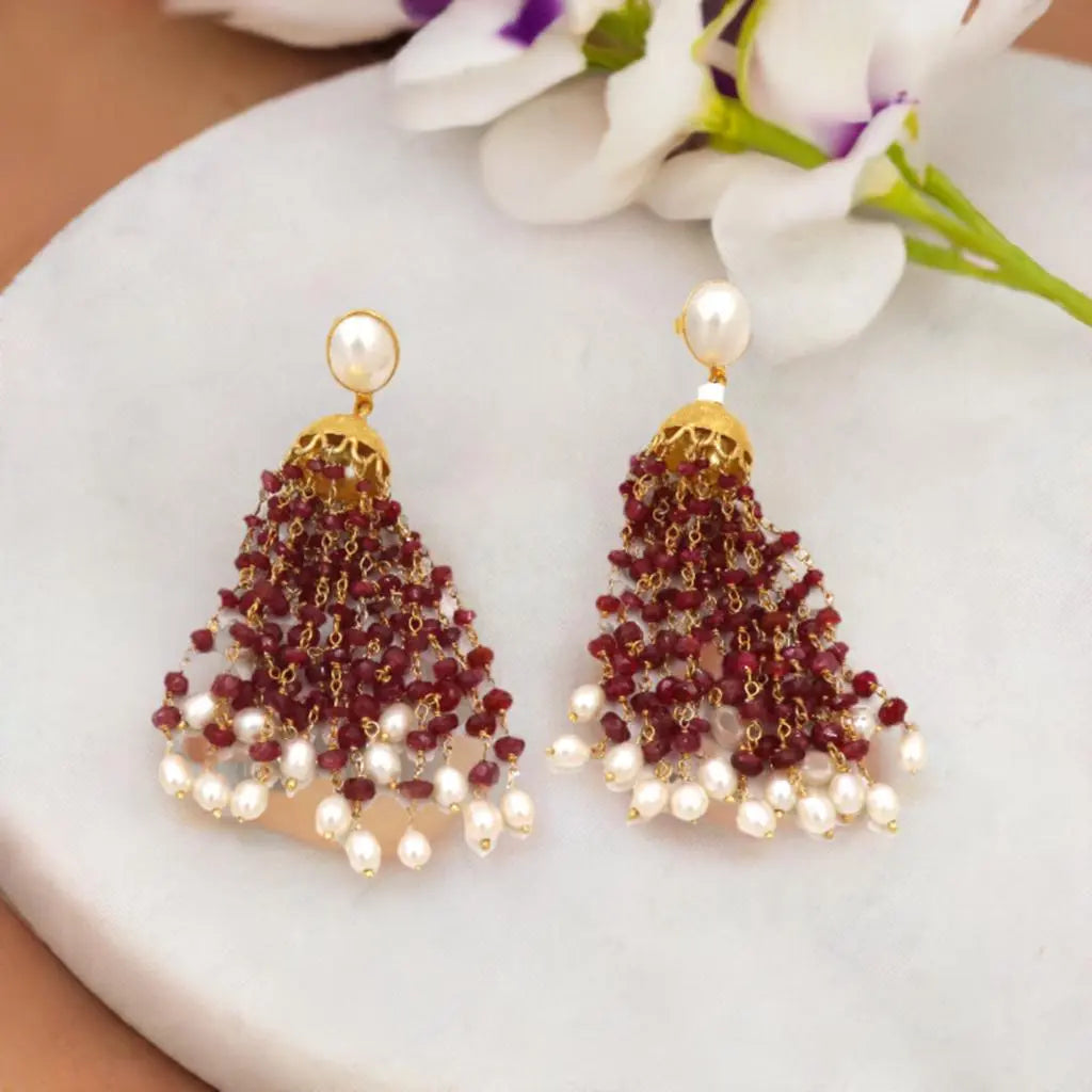 18kt Gold Plated Spinal Ruby And Pearl Gemstone Dazzling Stud Earring Jewelry