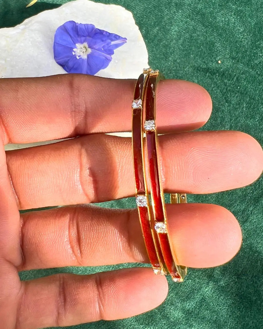 925 Streling Silver Red Enamel With moissanite Gesmtone Gold Plated Bangle