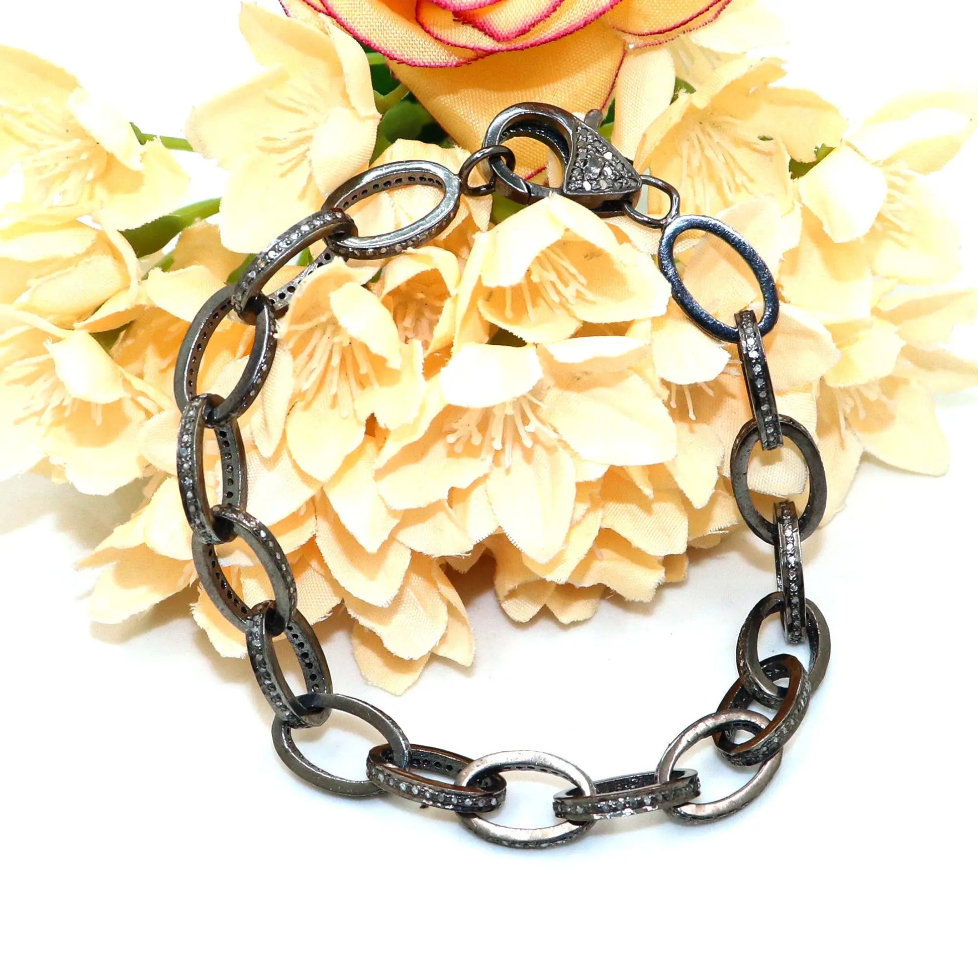 Black Oxide Diamond Polki Connected Linked Chain Bracelet VJewels