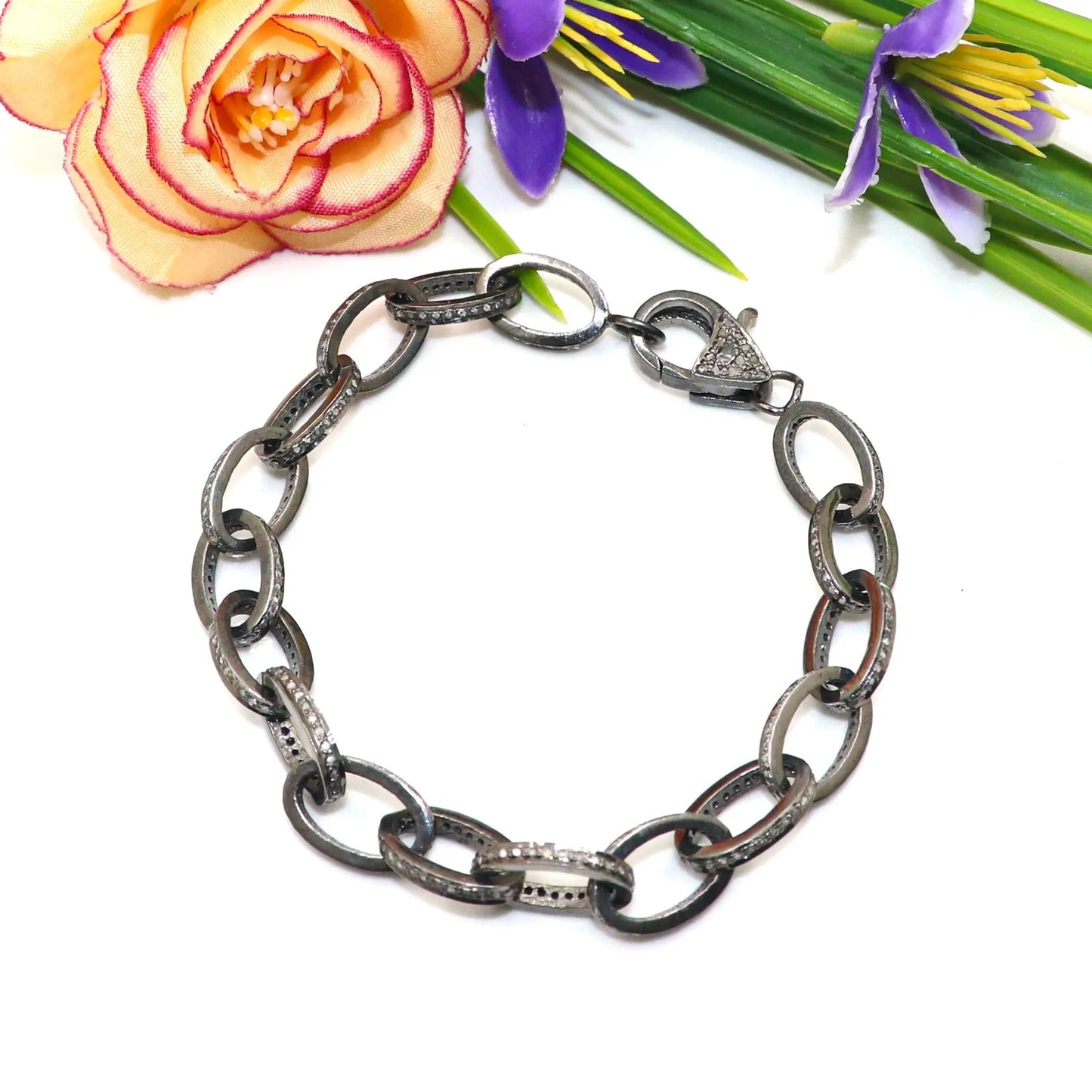 Black Oxide Diamond Polki Connected Linked Chain Bracelet VJewels