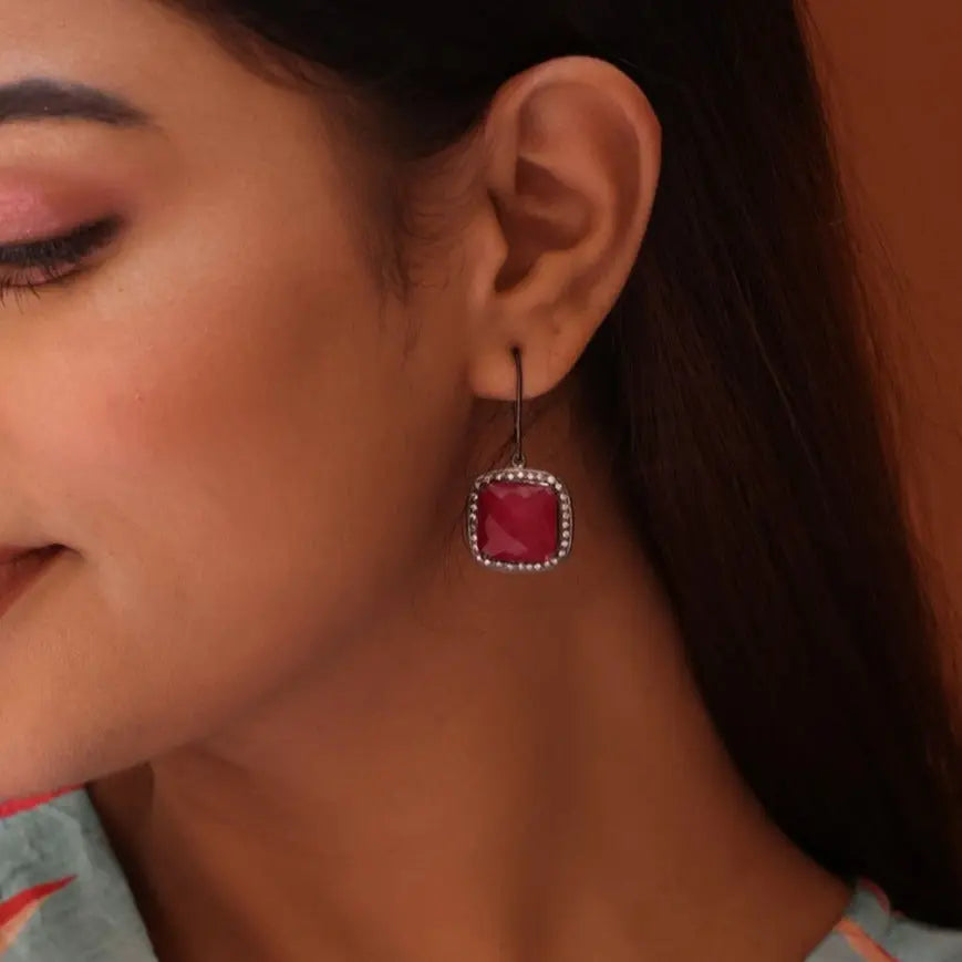 Black Oxide Plated Crimson Quartz with CZ Silver Earrings Jewelry