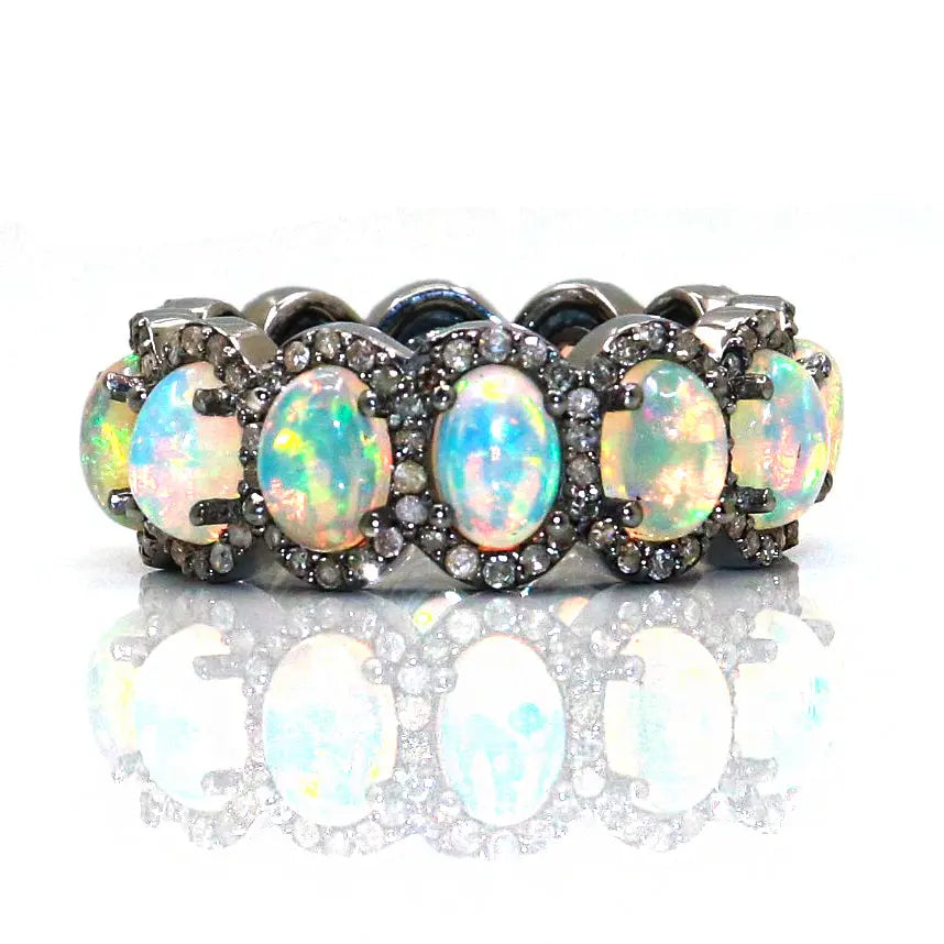 Black Oxide Plated Queen Era Opal Gemstone With Diamond Ring Jewelry VJewels