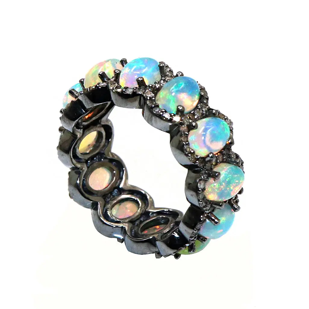 Black Oxide Plated Queen Era Opal Gemstone With Diamond Ring Jewelry VJewels