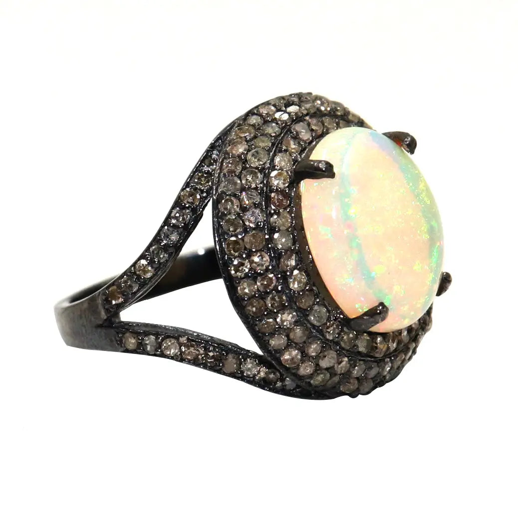 Black Plated Opal Gemstone With Diamond Ring Jewelry VJewels