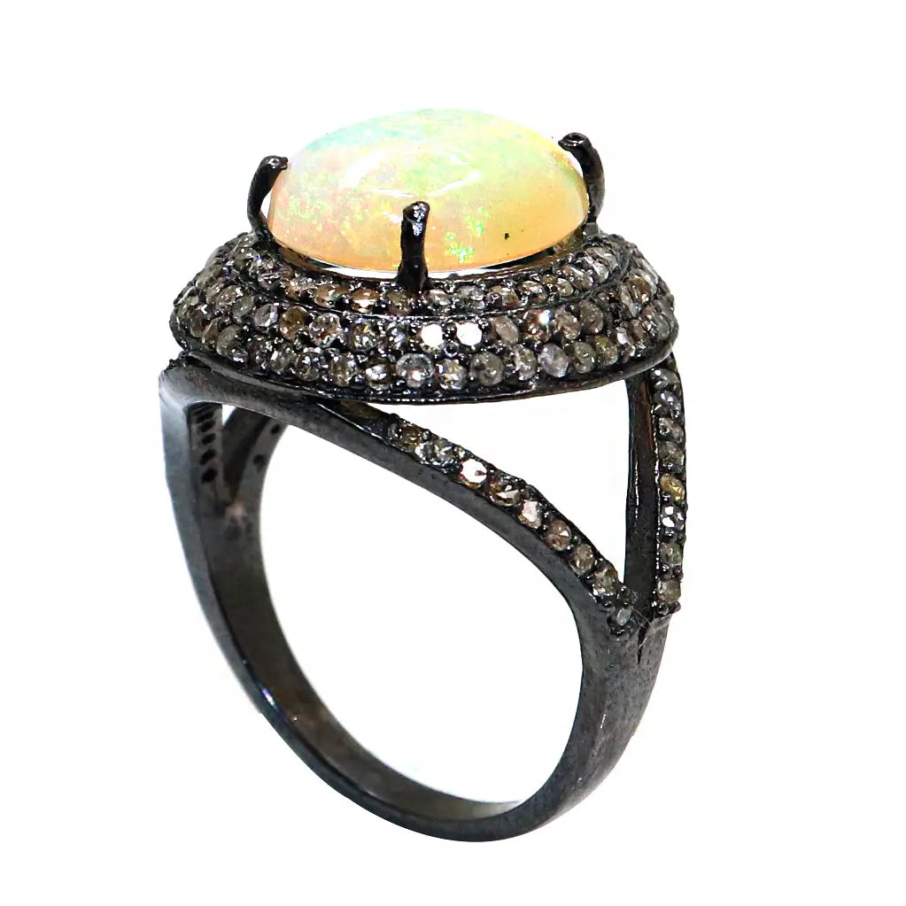 Black Plated Opal Gemstone With Diamond Ring Jewelry VJewels