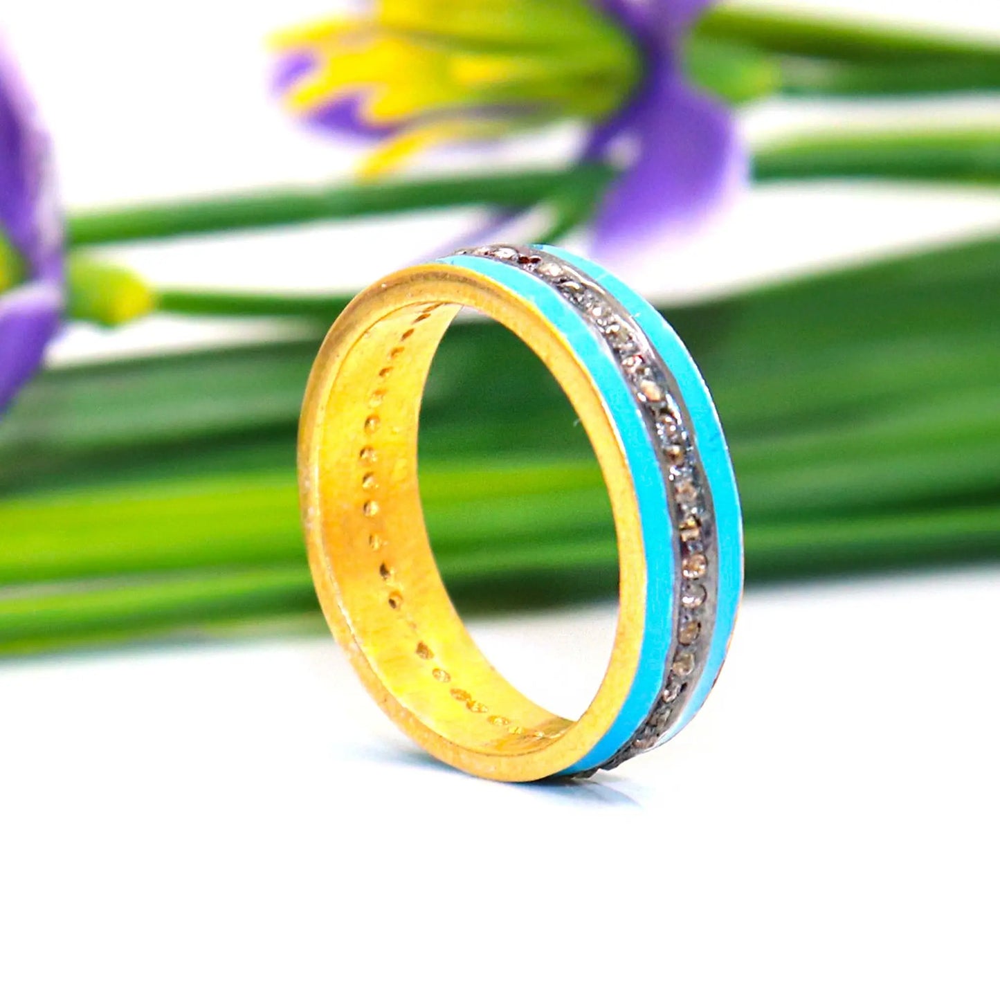 Blue Enamel With Diamond Two Tone Plated Ring Band Jewelry VJewels