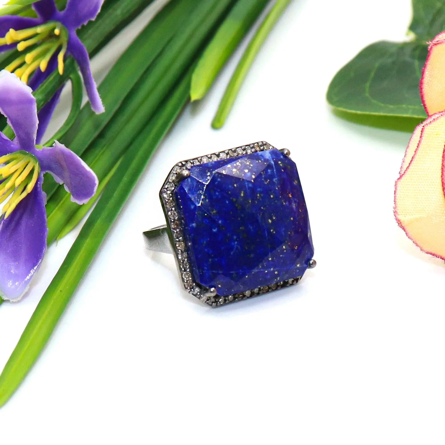 Blue Sapphire Gemstone With Diamond Black Oxide Plated Ring Jewelry VJewels