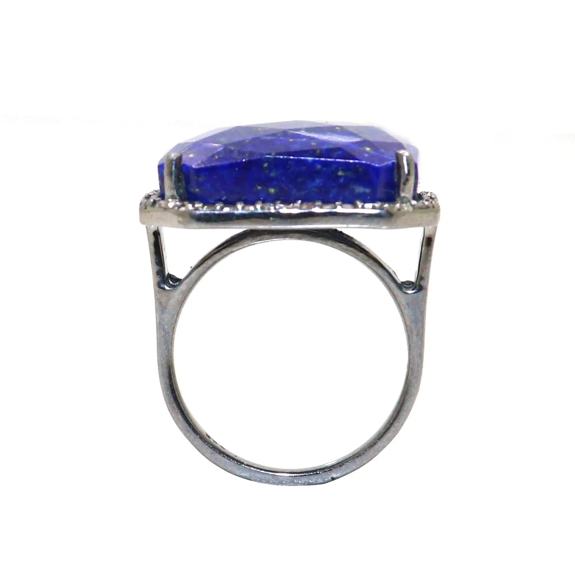 Blue Sapphire Gemstone With Diamond Black Oxide Plated Ring Jewelry VJewels