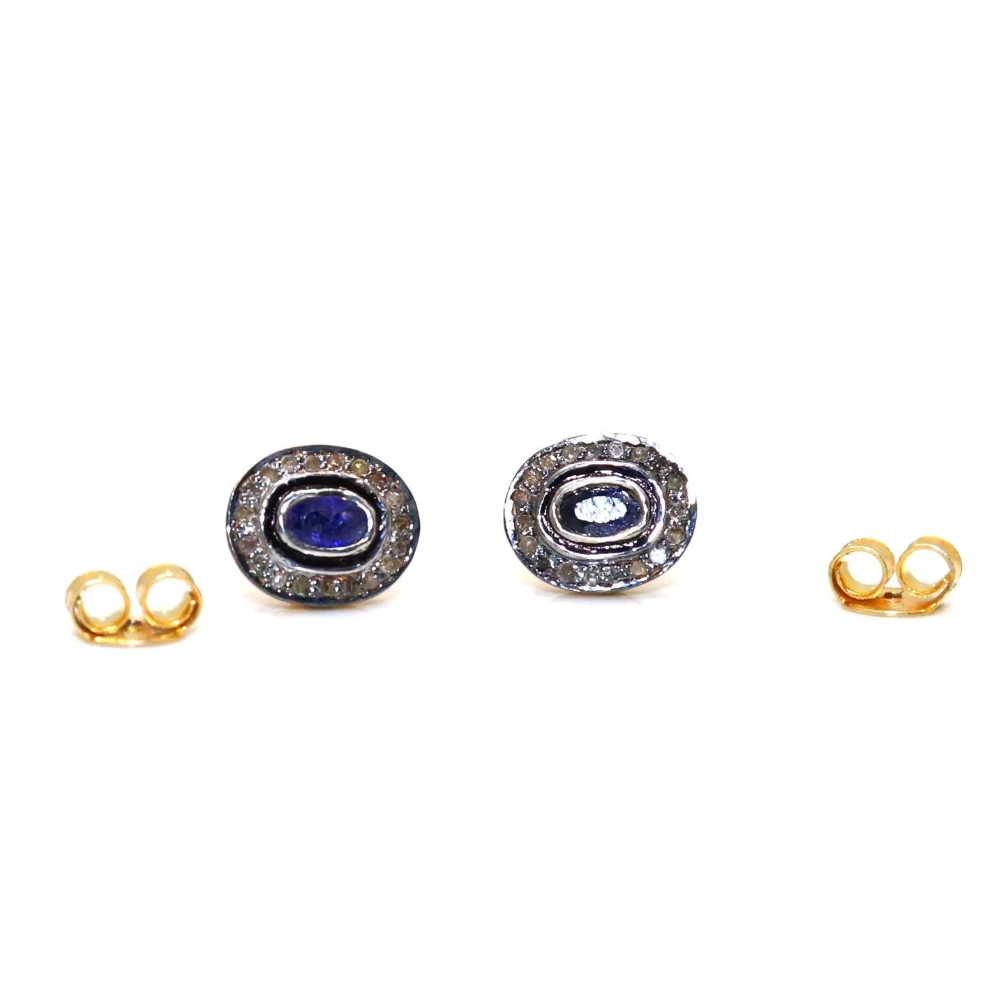 Blue Sapphire Gemstone With Diamond Two Tone Stud Earring Jewelry VJewels