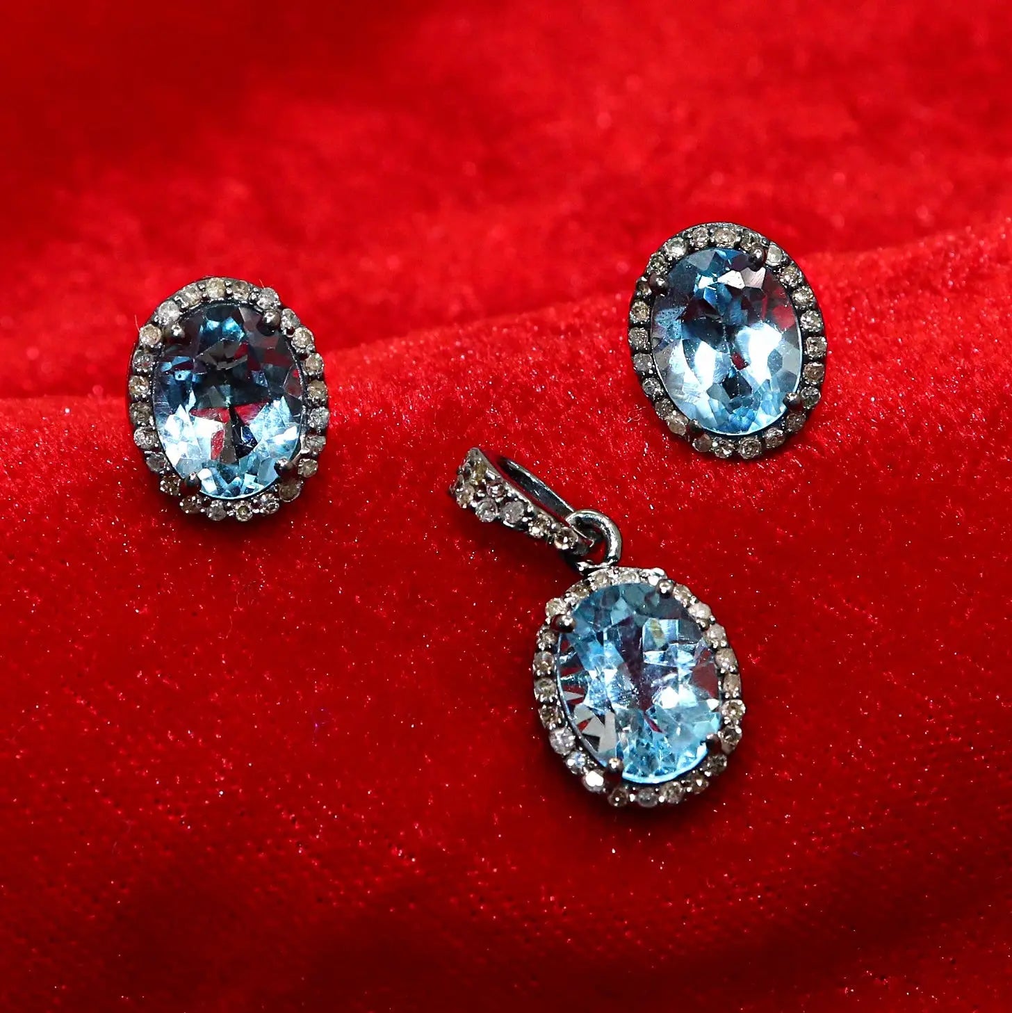 Blue Topaz Gemstone With Diamond Black Plated Victorian Collection Jewelry