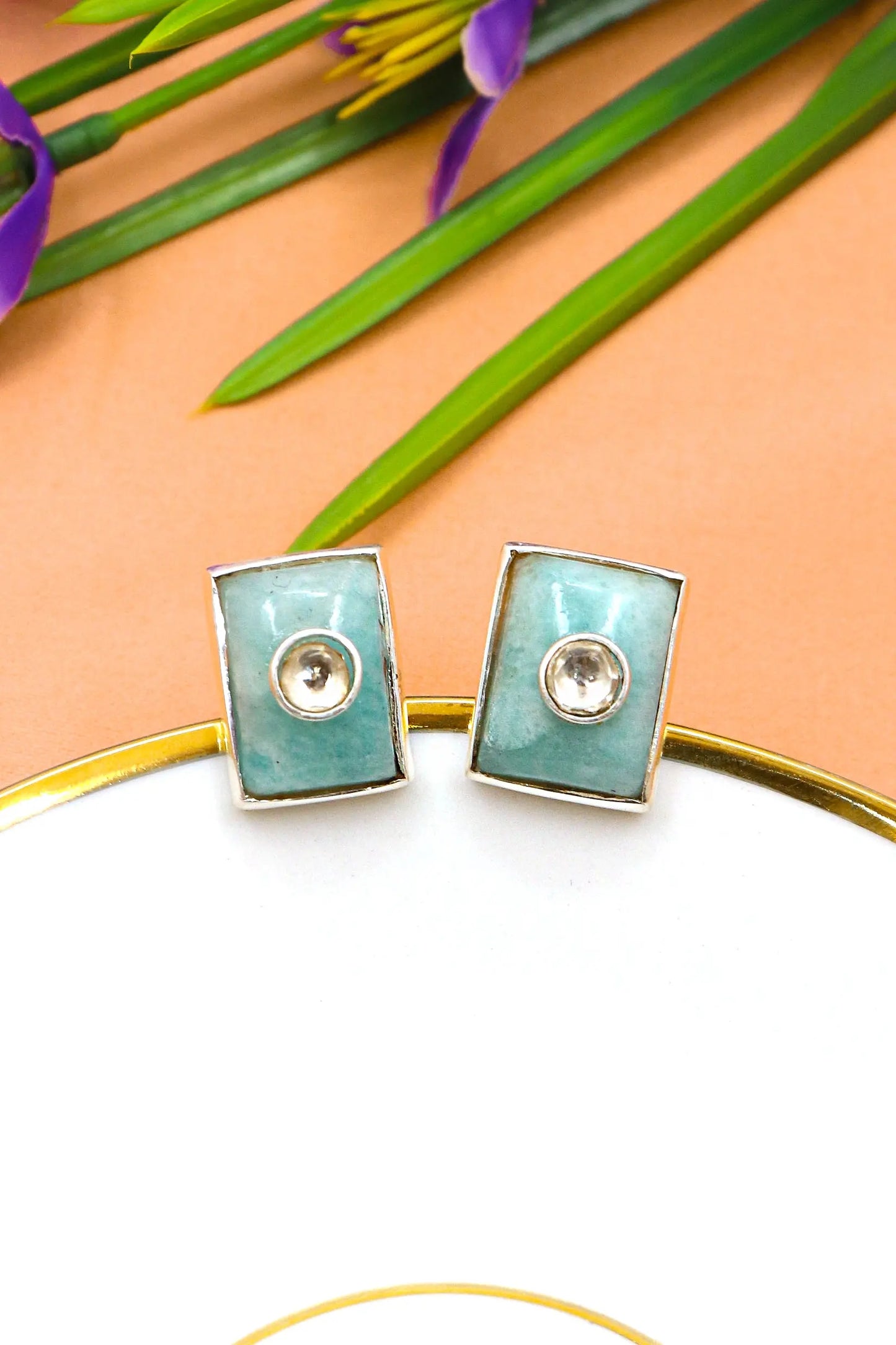 Classic Gold Plated Cufflinks Moissanite with Larimar Gemstones for men's Jewelry