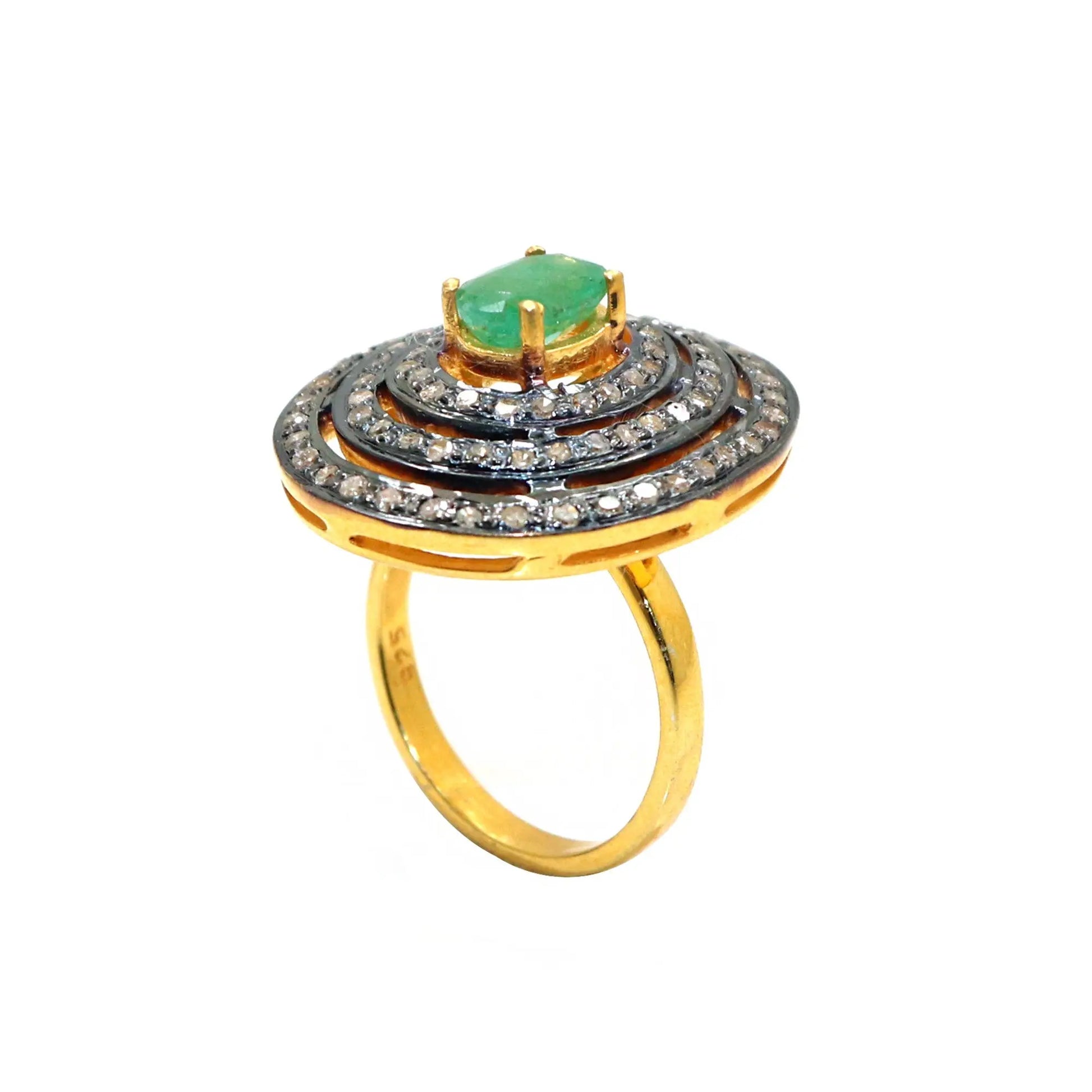 Emerald Gemstone With Diamond Two Tone Plated Ring Jewelry VJewels