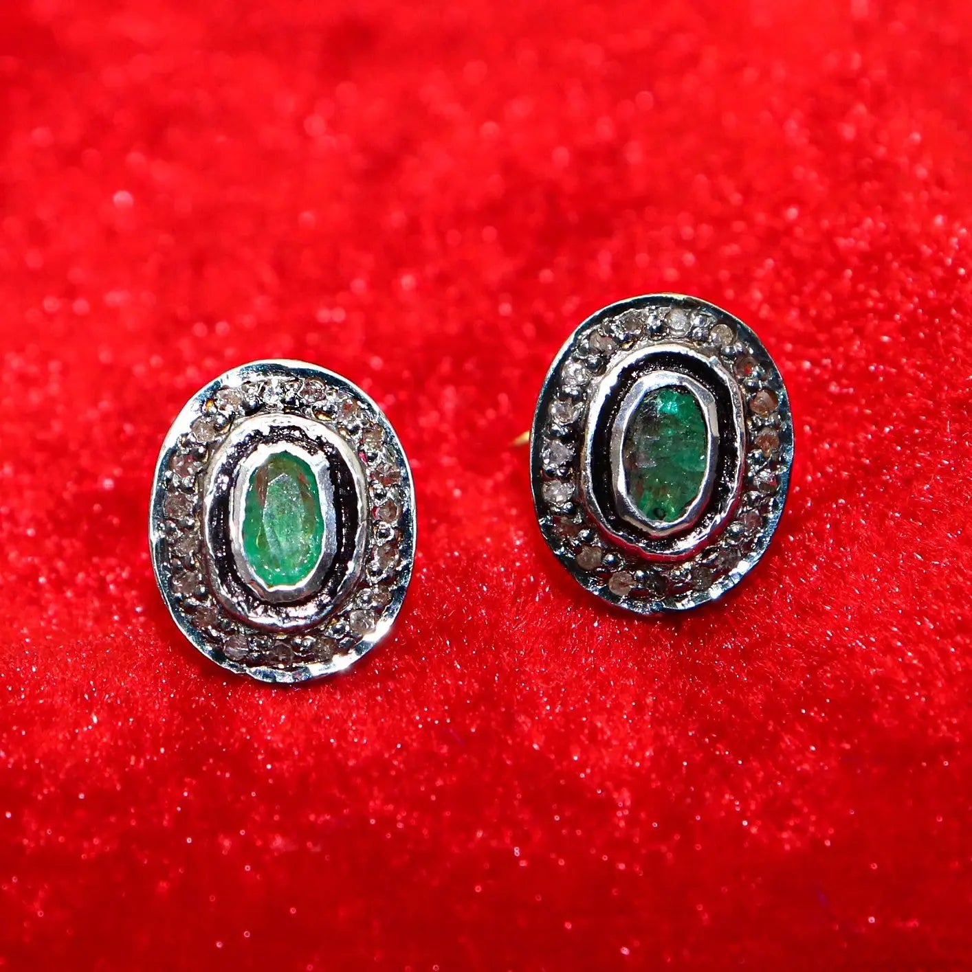 Emerald Gemstone With Diamonds Victorian Style Two Tone Studs Earring Jewelry VJewels