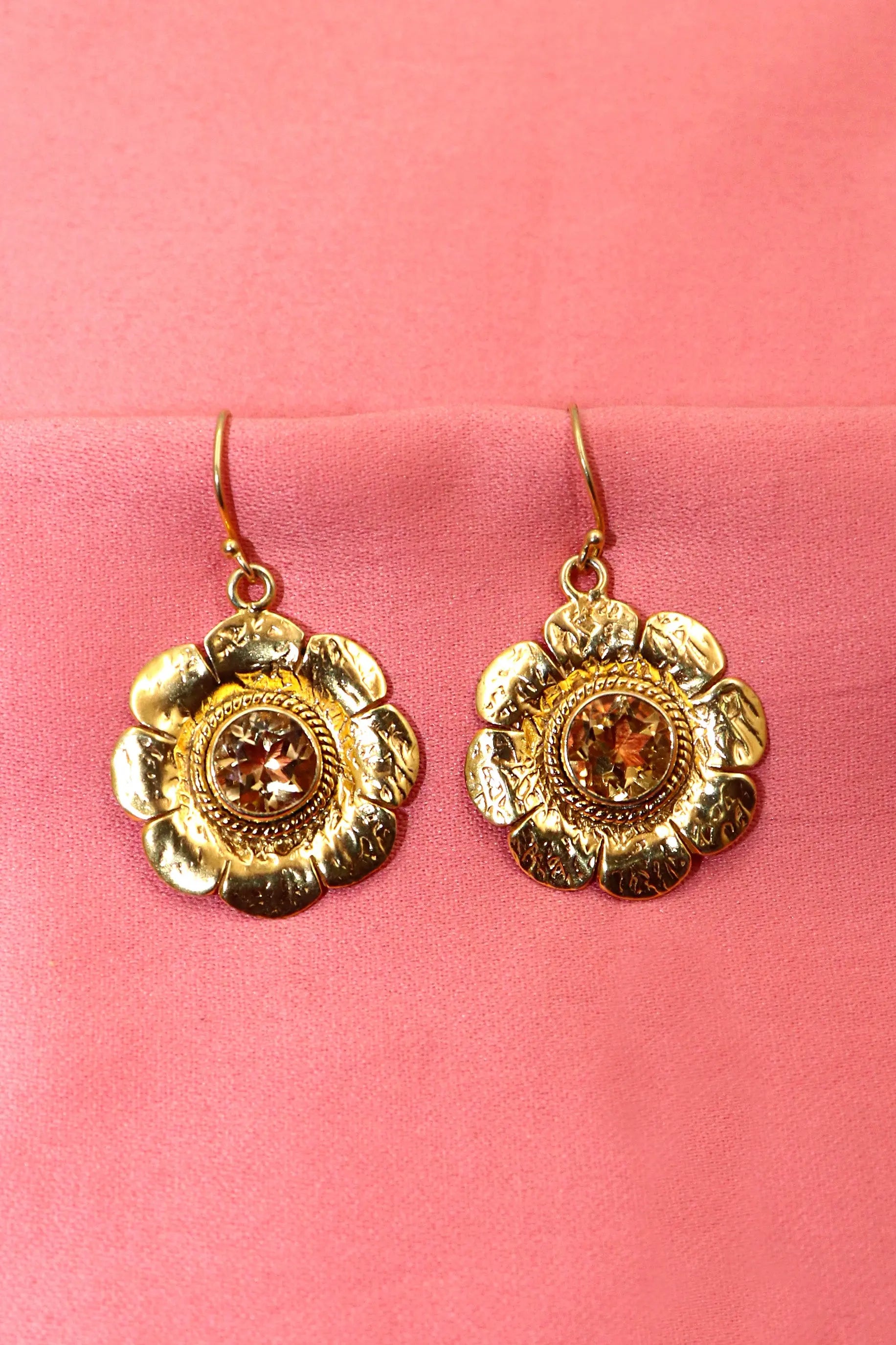 Exquisite Gold Plated Flower Designer Citrine Gemstone Earrings