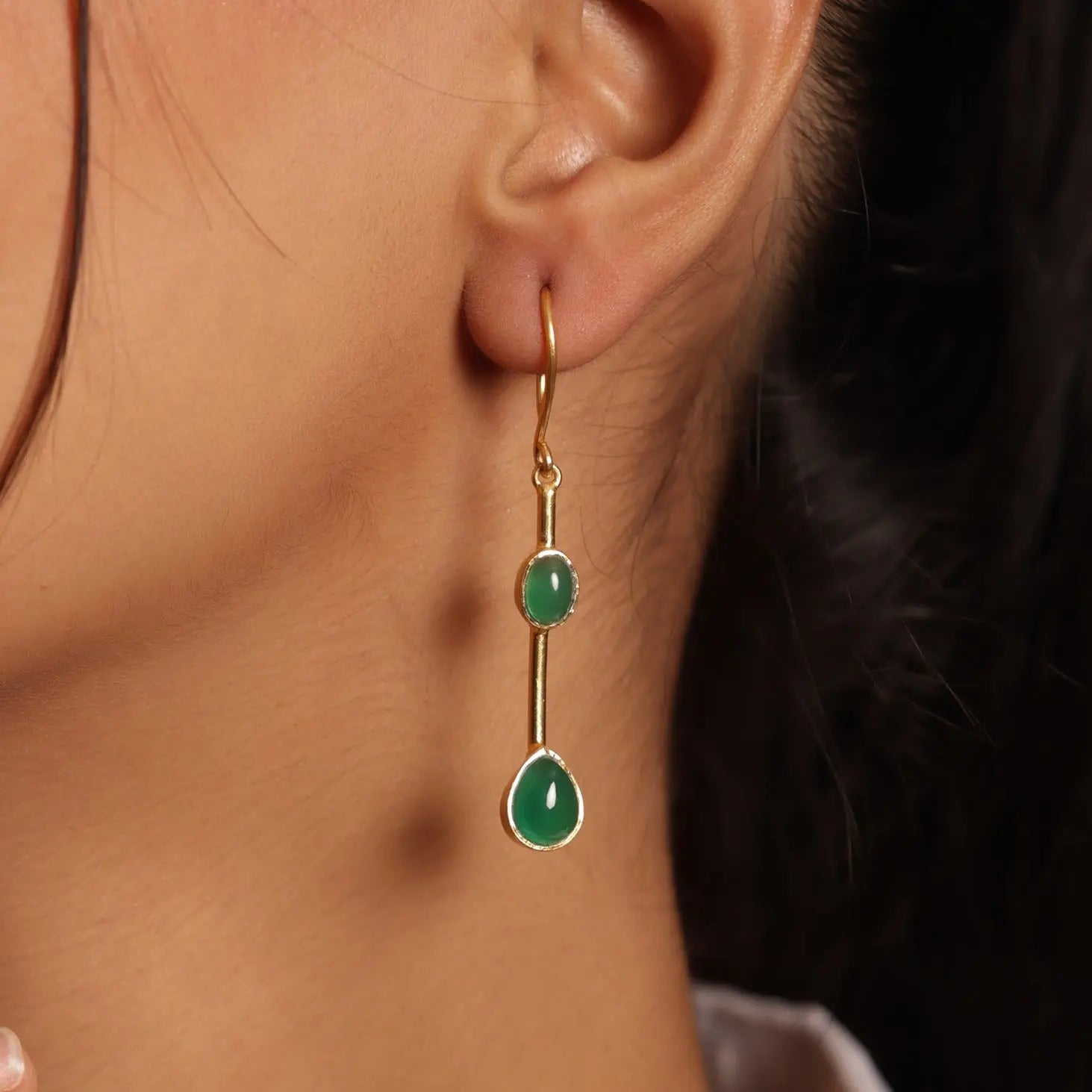 Exquisite Long Green Jade Gold Plated Dangle Hook Earrings Jewelry