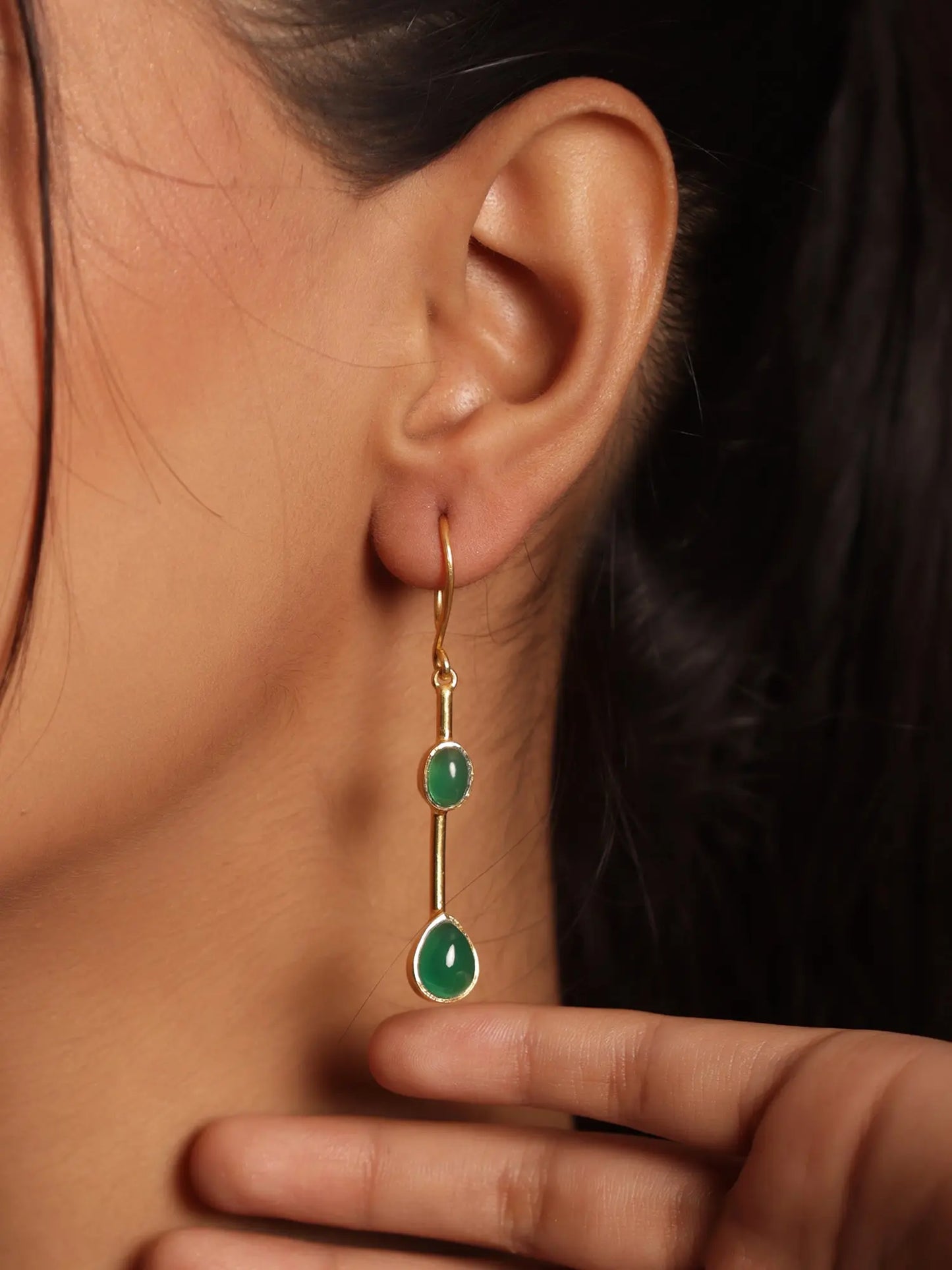 Exquisite Long Green Jade Gold Plated Dangle Hook Earrings Jewelry