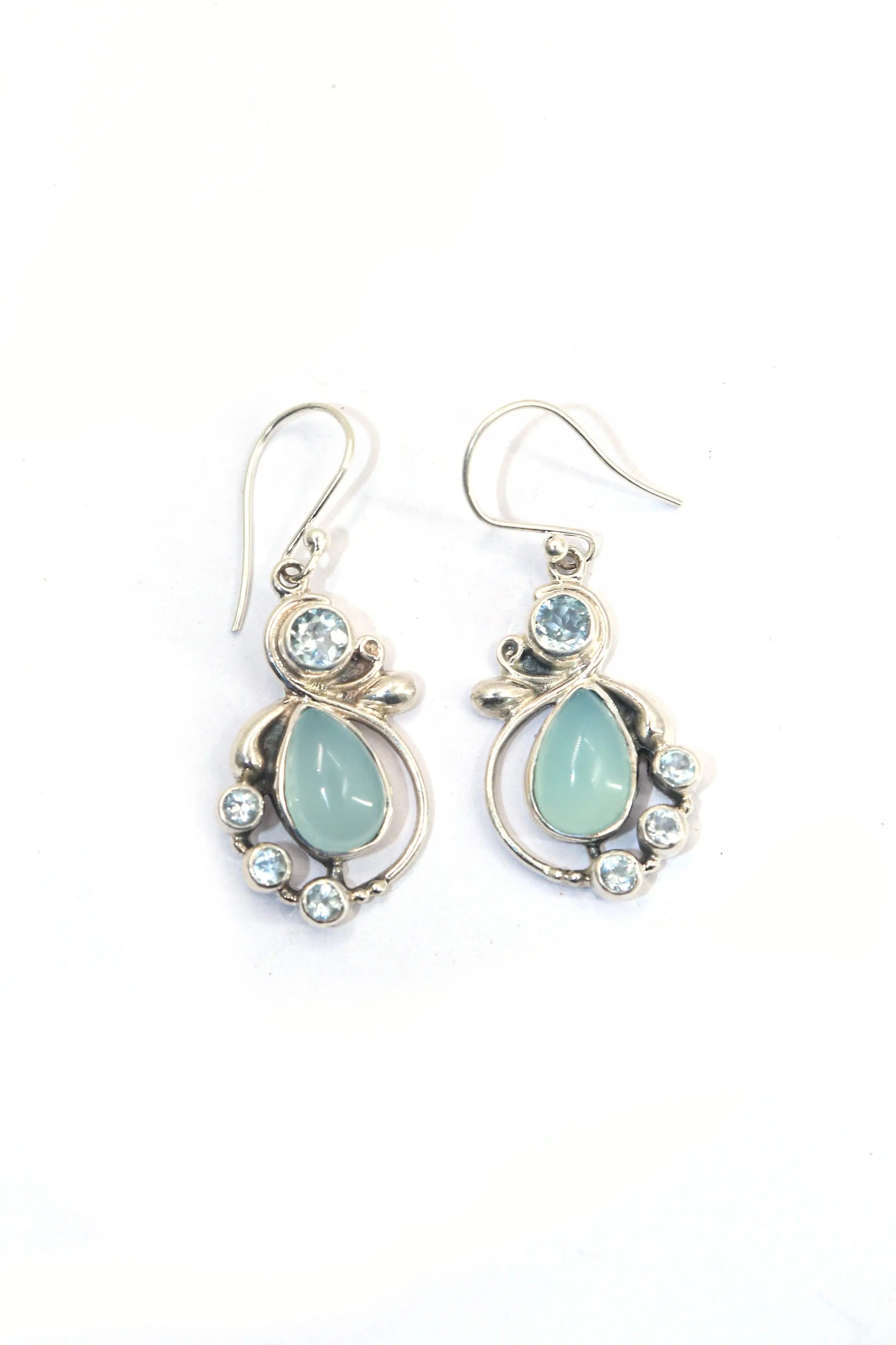 Fancy Design with Semi-Precious Blue Chalcedony And Topaz Gemstone Hook Earrings