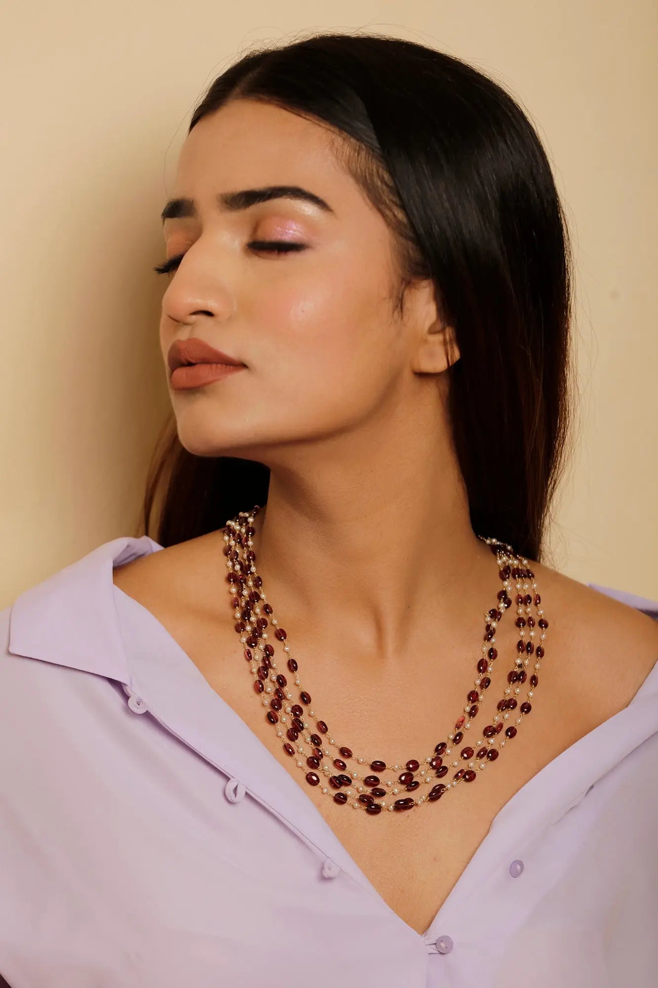 Fold Plated Rhodolite Pearl Layer Necklace Jewelry