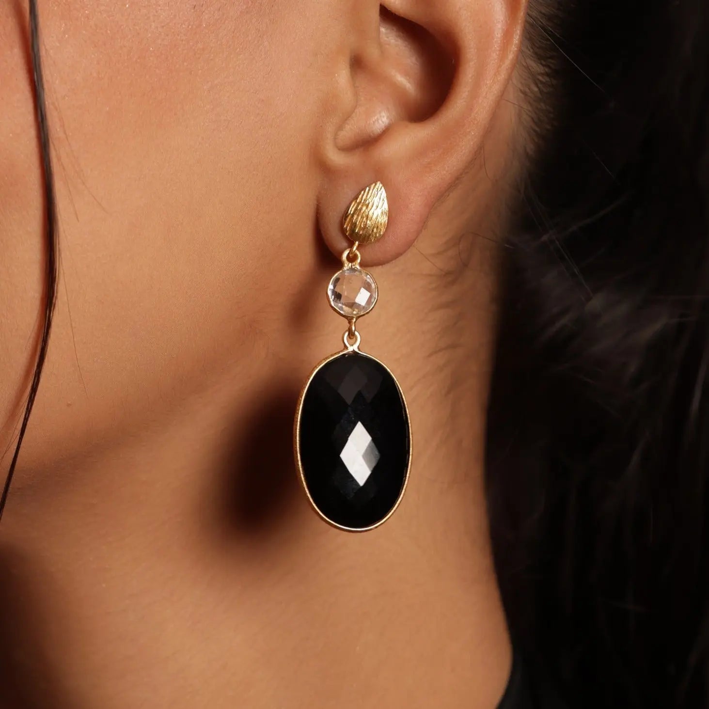 Glamorous Black Onyx Gemstone & Crystal Gold Plated Dangling Earrings Jewelry