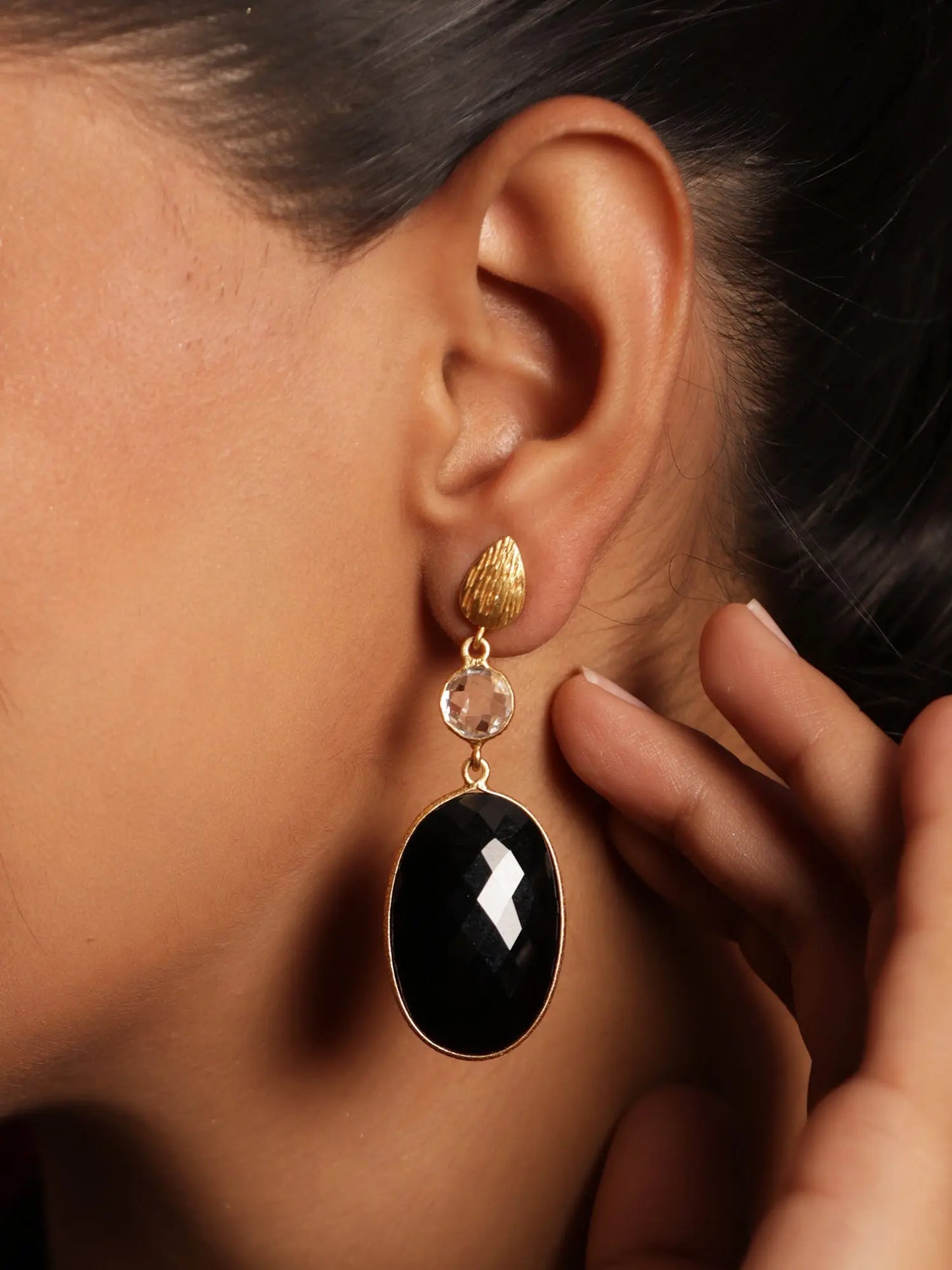 Glamorous Black Onyx Gemstone & Crystal Gold Plated Dangling Earrings Jewelry