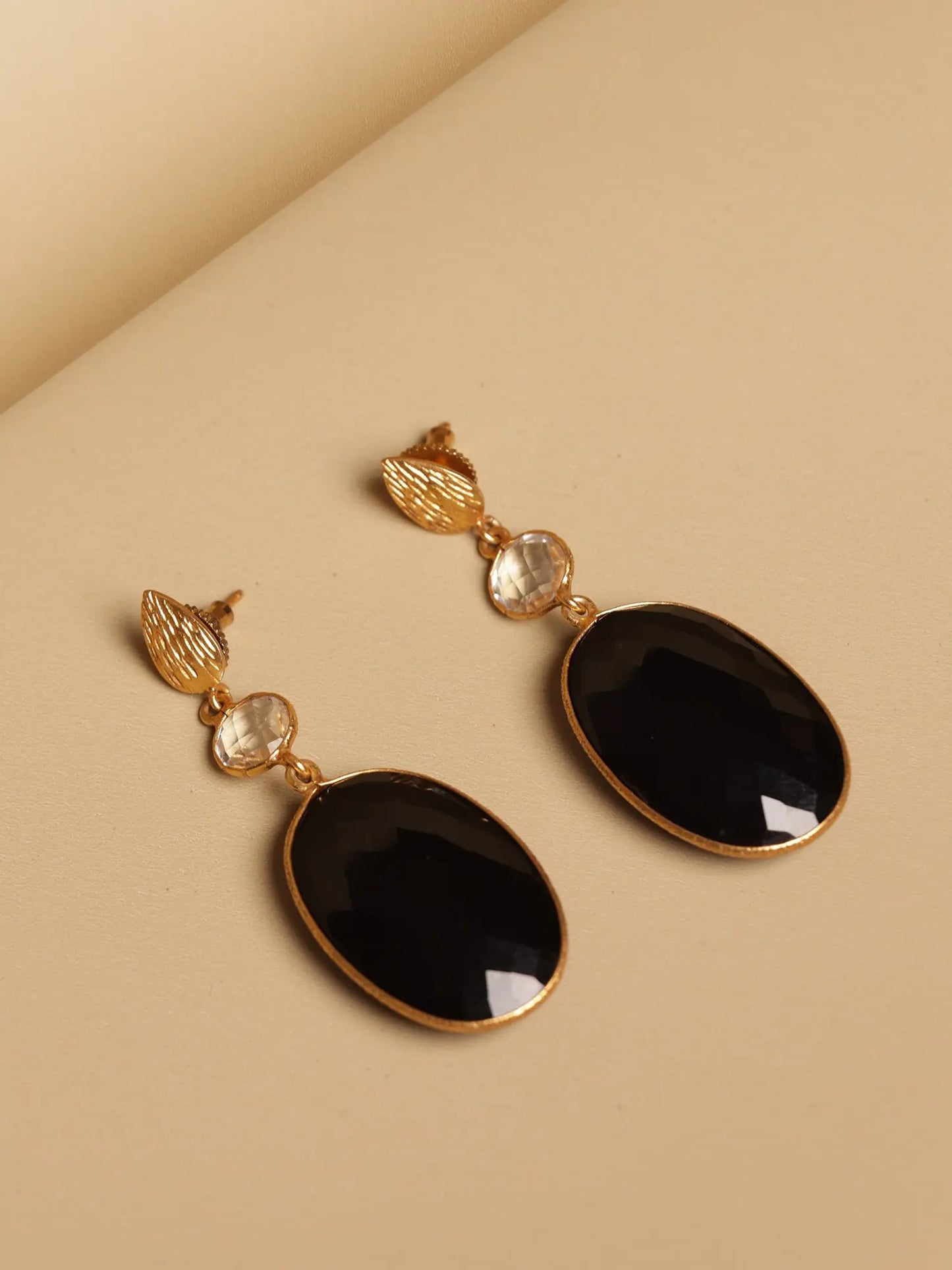 Glamorous Black Onyx Gemstone & Crystal Gold Plated Dangling Earrings Jewelry