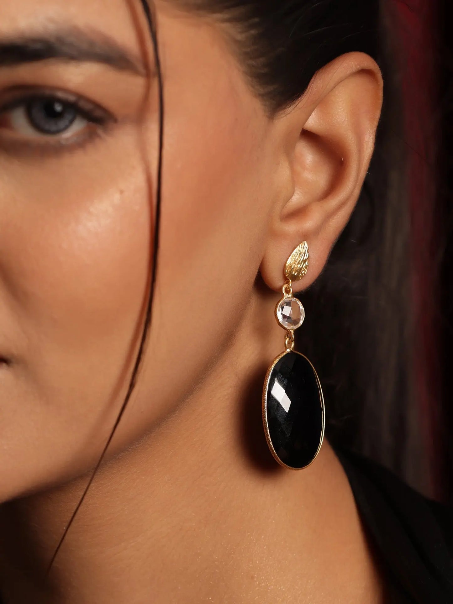 Glamorous Black Onyx Gemstone & Crystal Gold Plated Dangling Earrings Jewelry