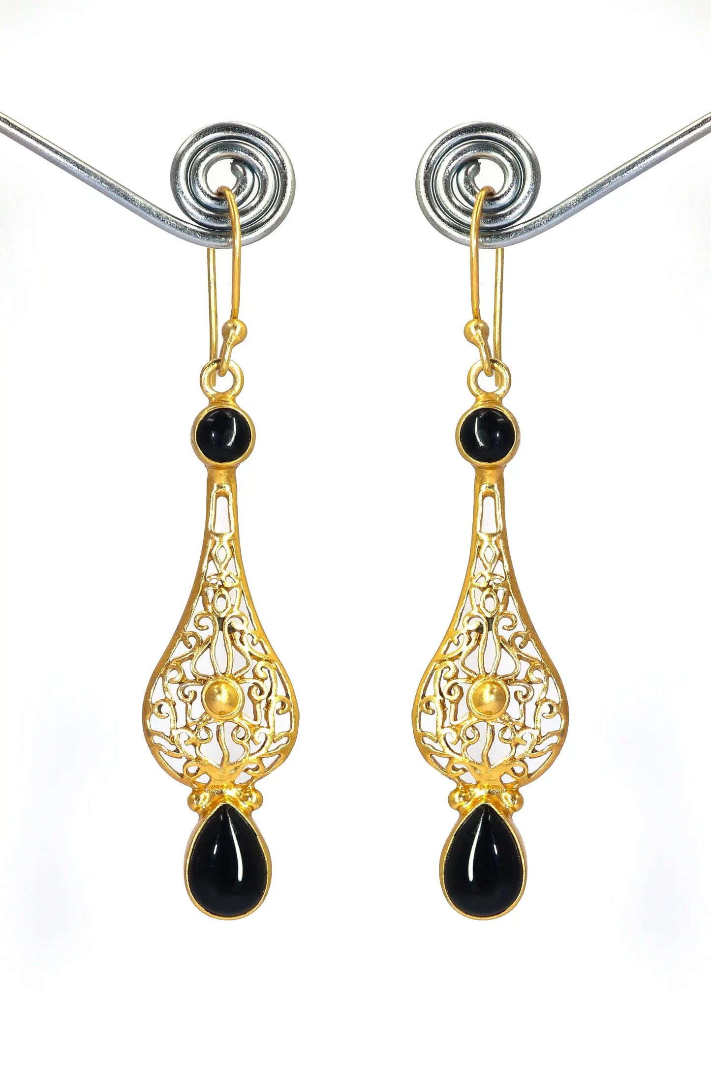 Glamorous Gold-Plated Dangle Earrings with Black Onyx Gemstones Earring Jewelry