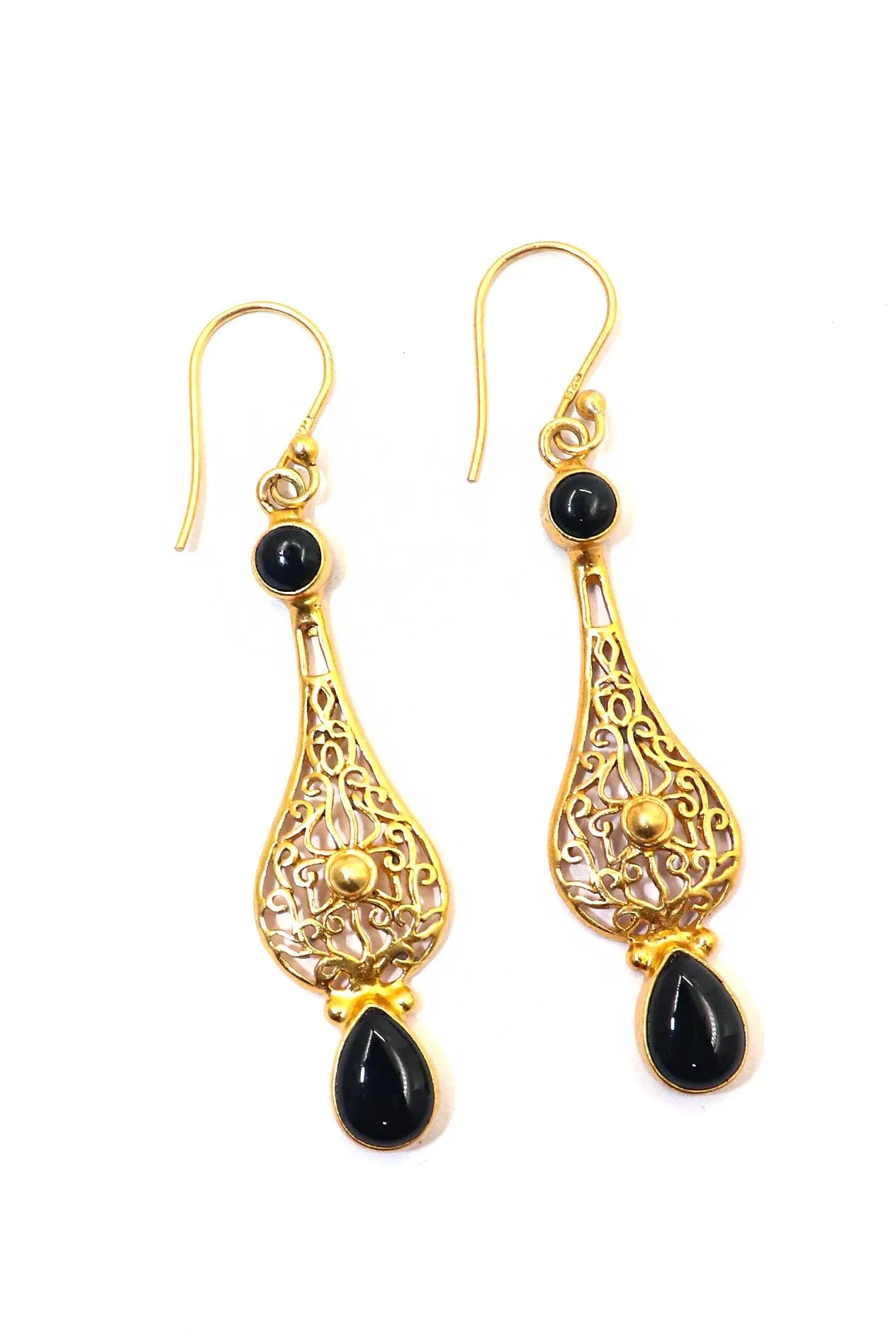 Glamorous Gold-Plated Dangle Earrings with Black Onyx Gemstones Earring Jewelry