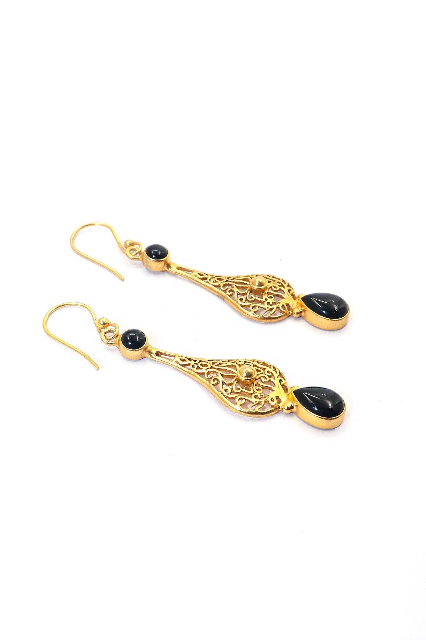 Glamorous Gold-Plated Dangle Earrings with Black Onyx Gemstones Earring Jewelry