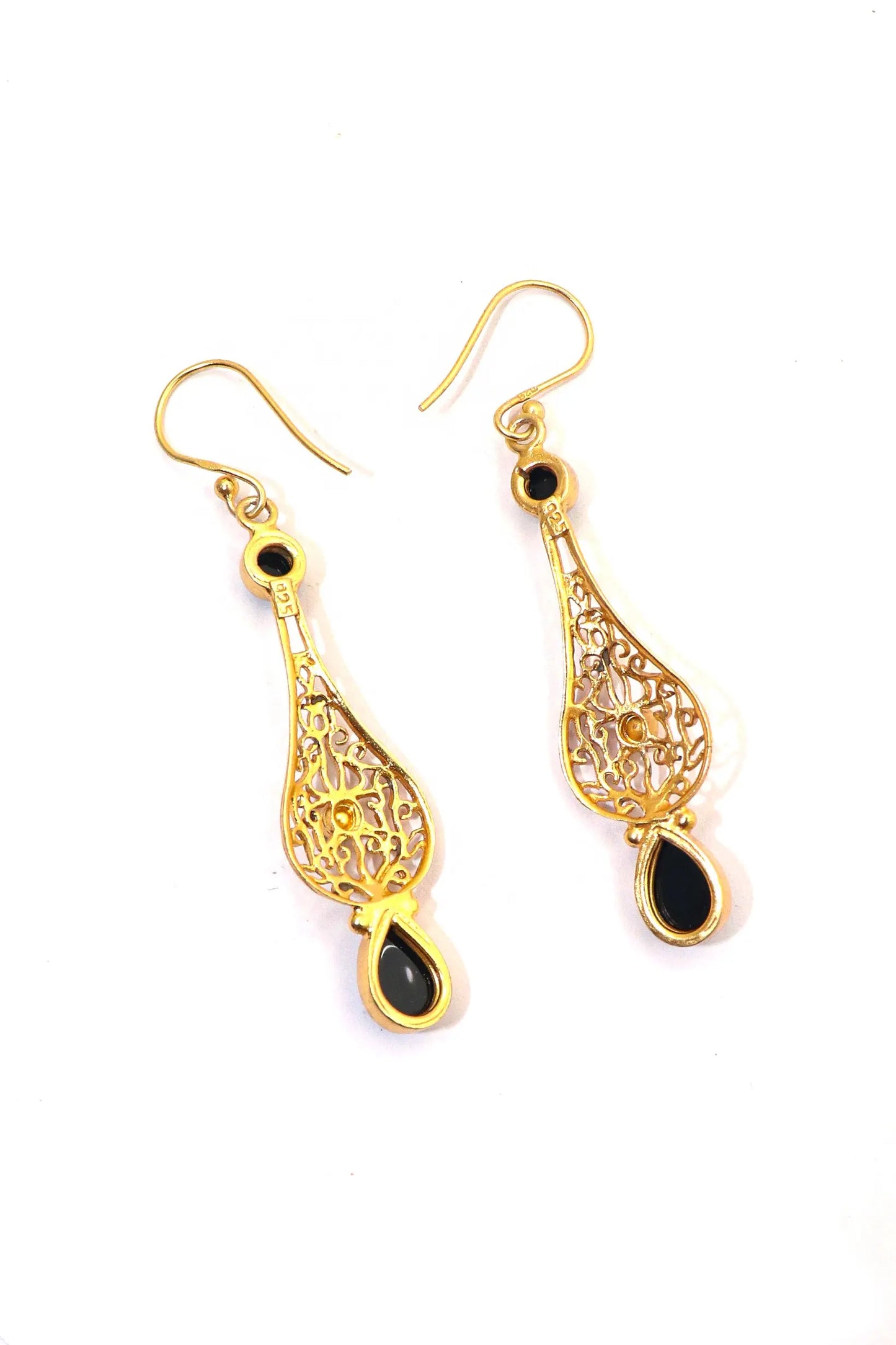 Glamorous Gold-Plated Dangle Earrings with Black Onyx Gemstones Earring Jewelry