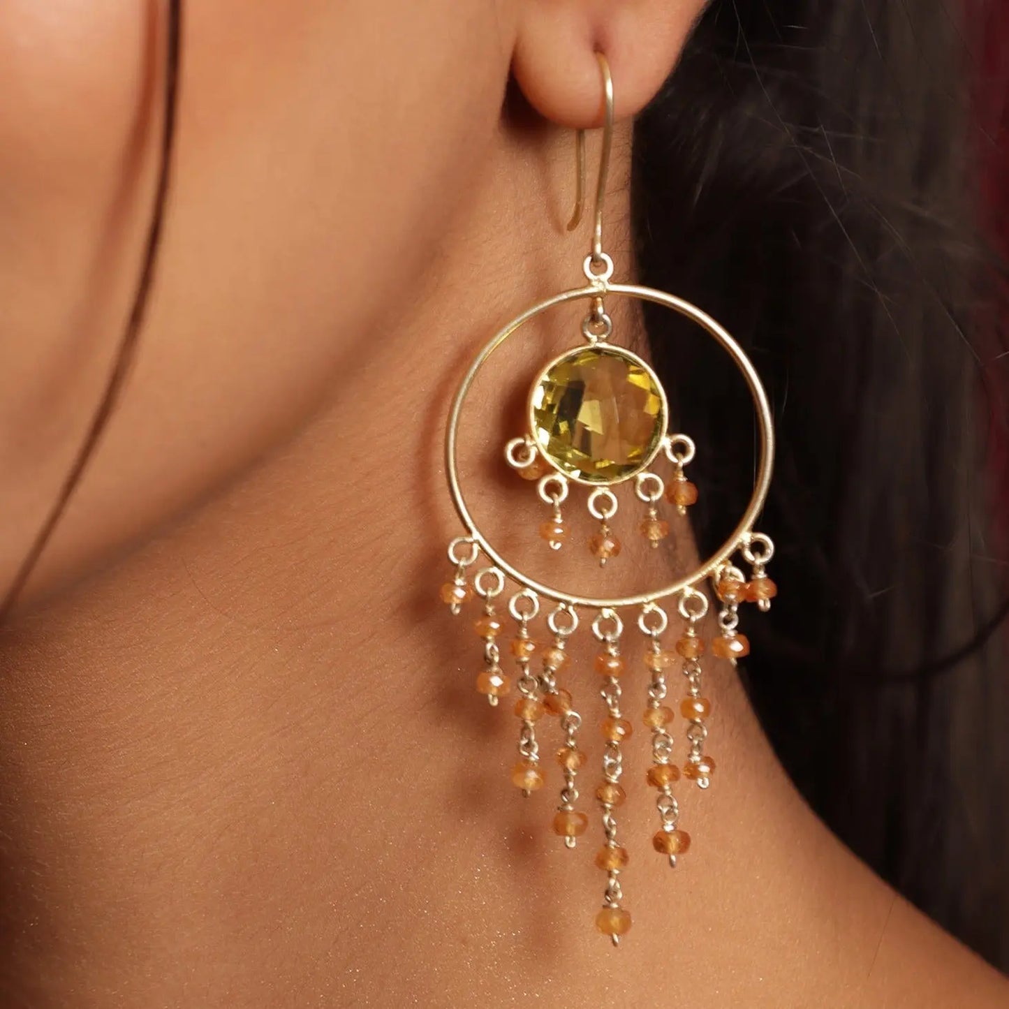 Gleaming Citrine & Carnelian Gold Plated Drop Hook Earrings Jewelry