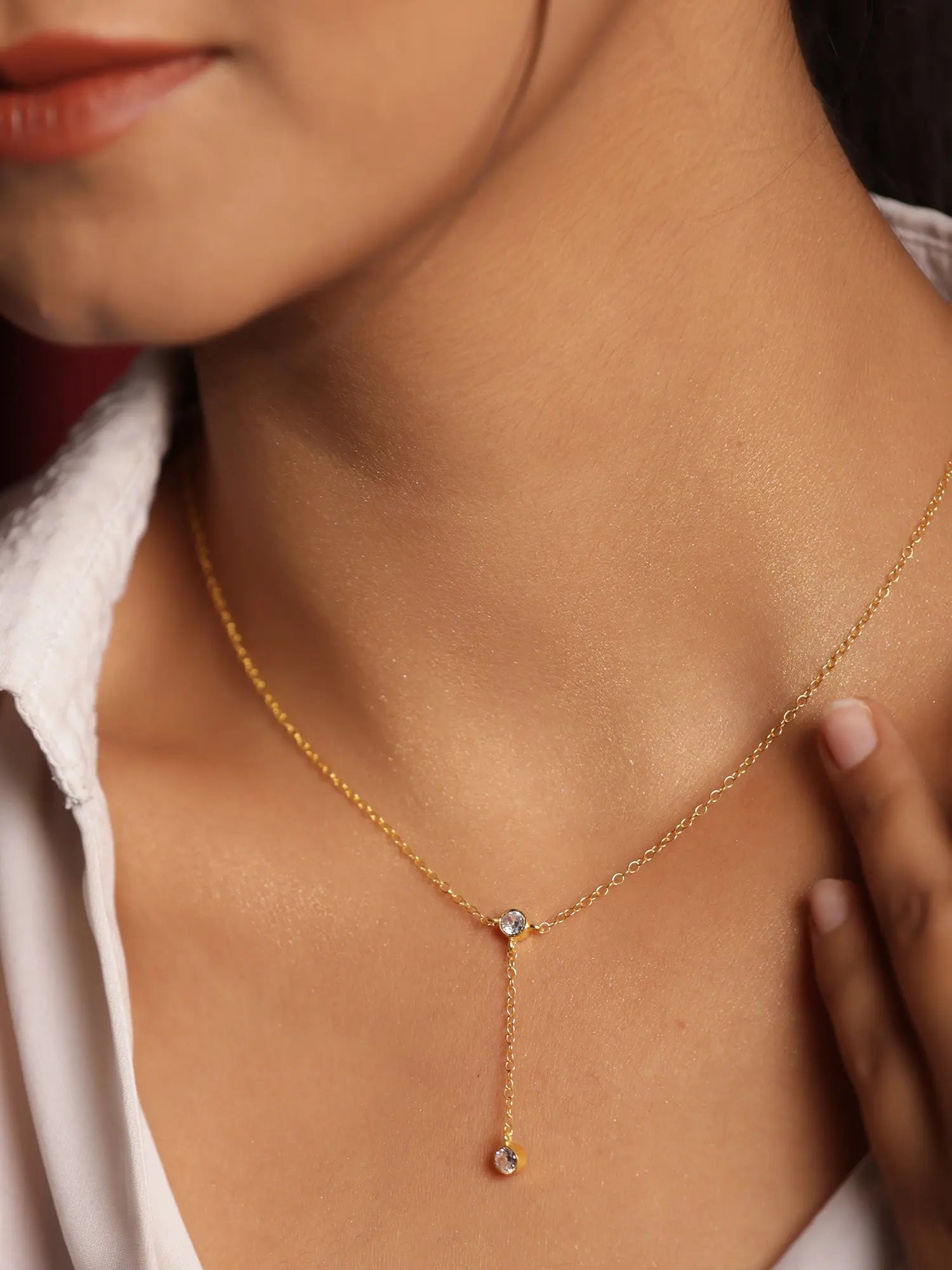 Gold Plated CZ Charm Minimalist Lariat Necklace Jewelry