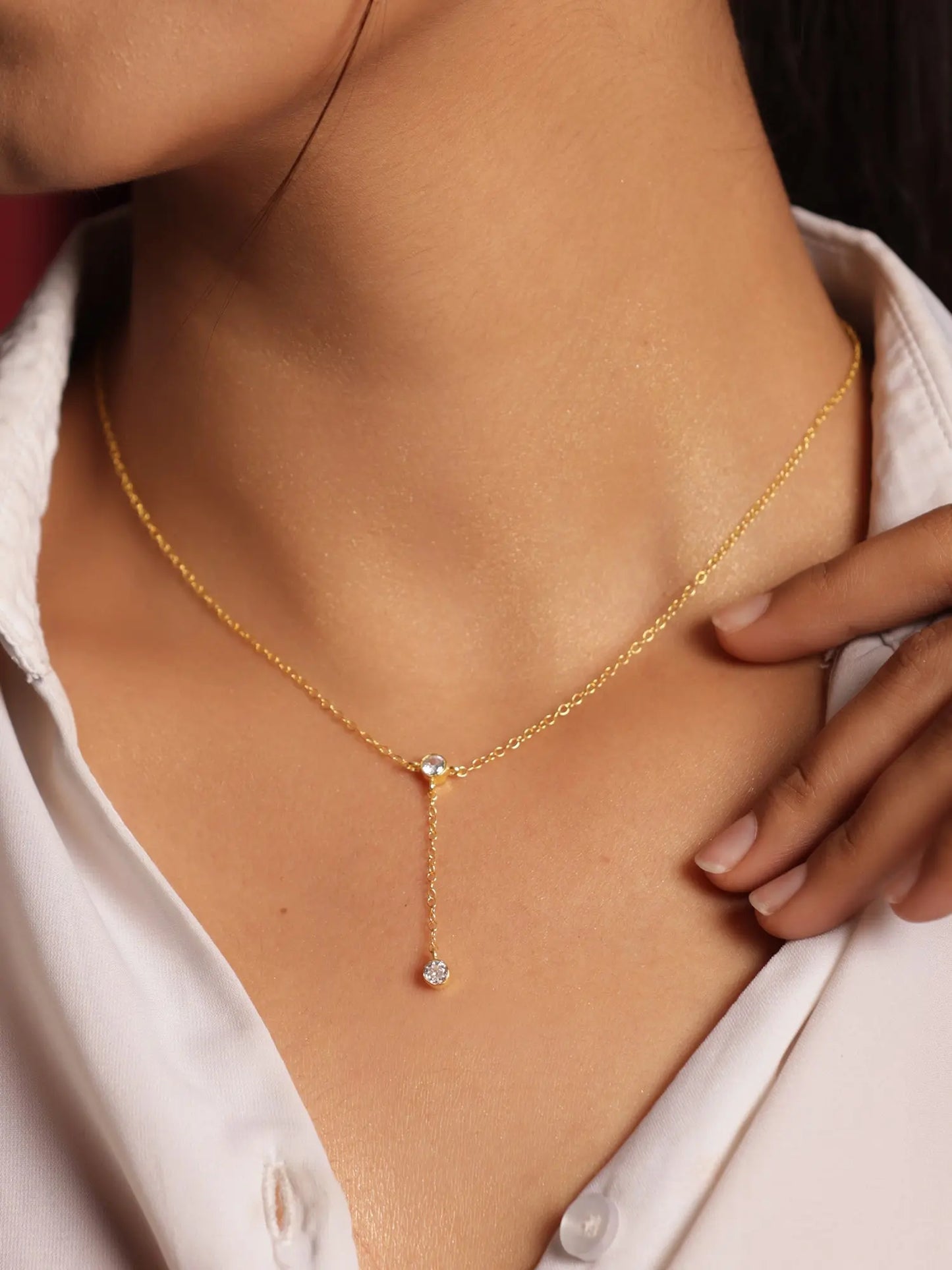 Gold Plated CZ Charm Minimalist Lariat Necklace Jewelry