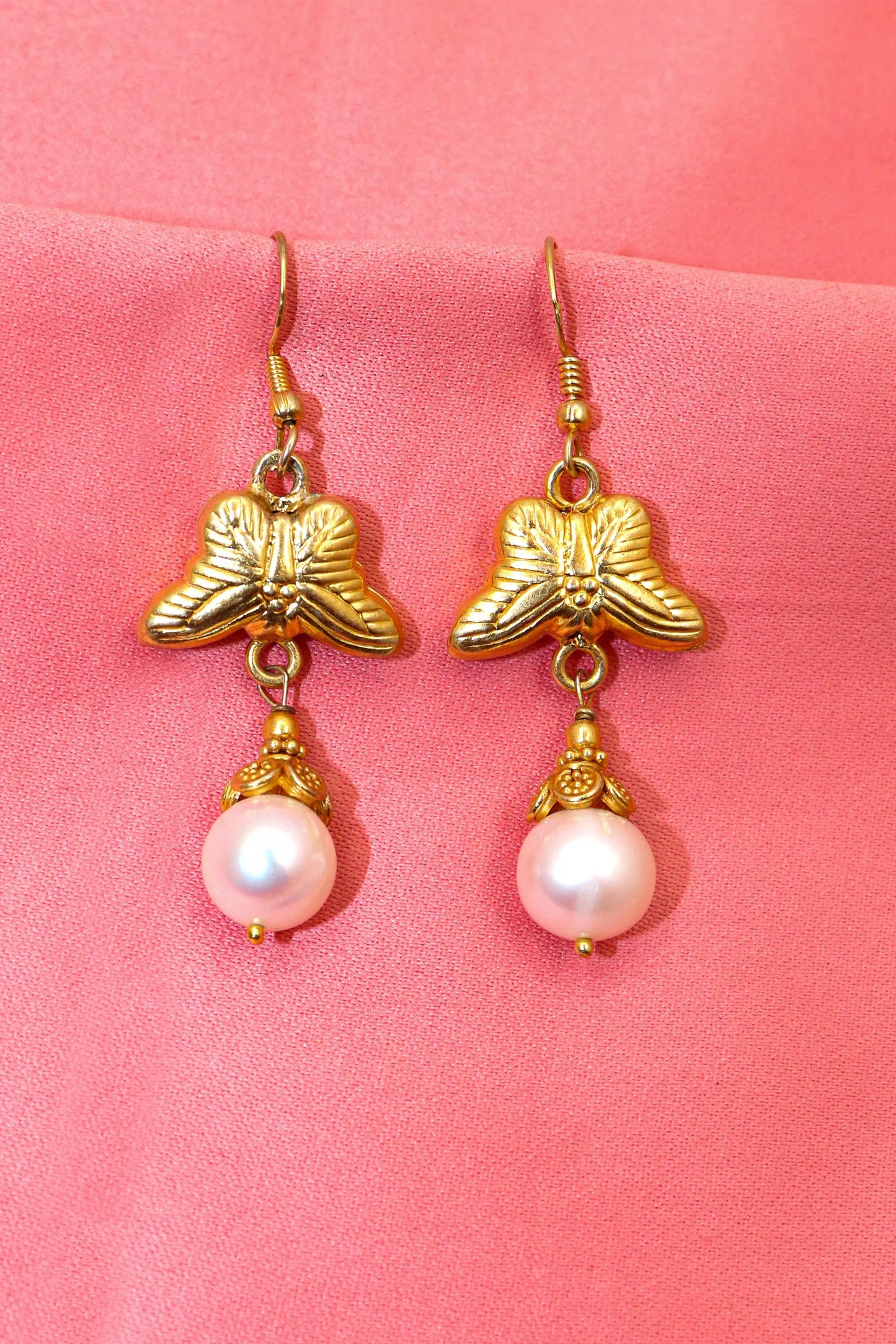 Gold-Plated Earrings Featuring Dazzling Pearl Gemstone Drops with Butterfly Charm Earring Jewelry