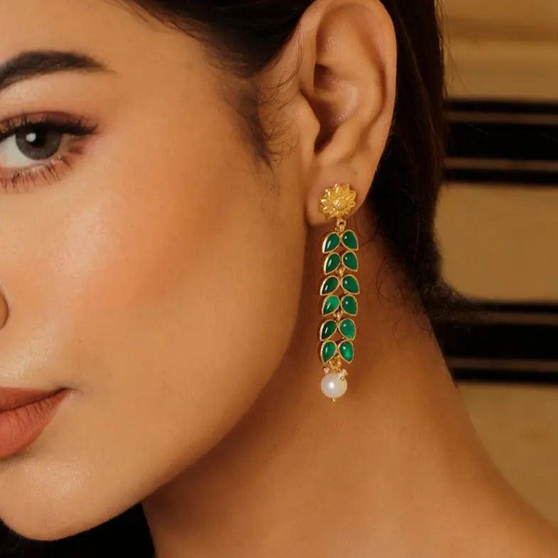 Gold Plated Green Onyx with Pearl Stud Earrings Jewelry