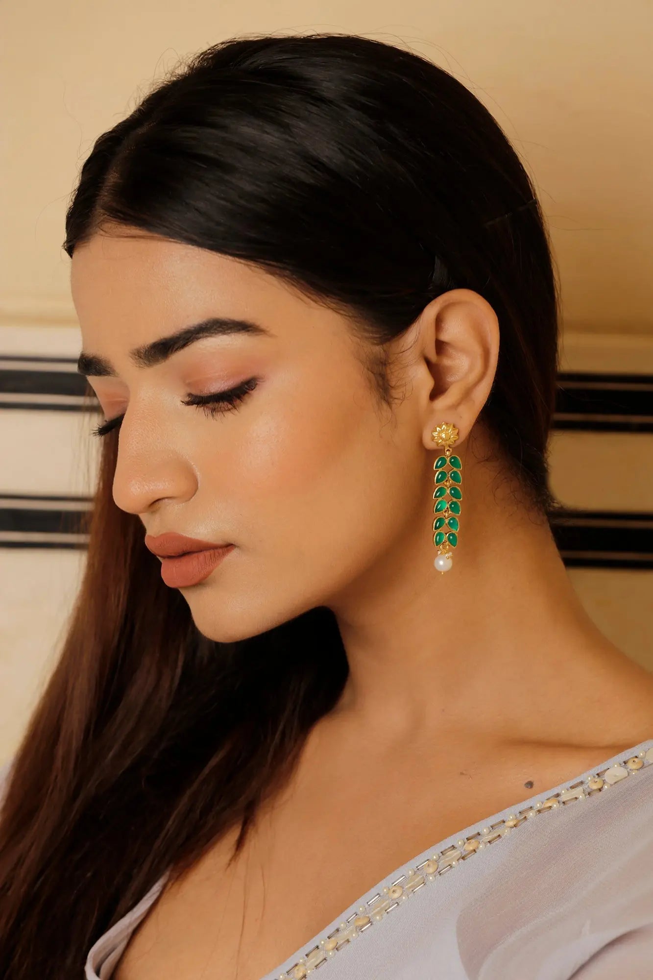 Gold Plated Green Onyx with Pearl Stud Earrings Jewelry