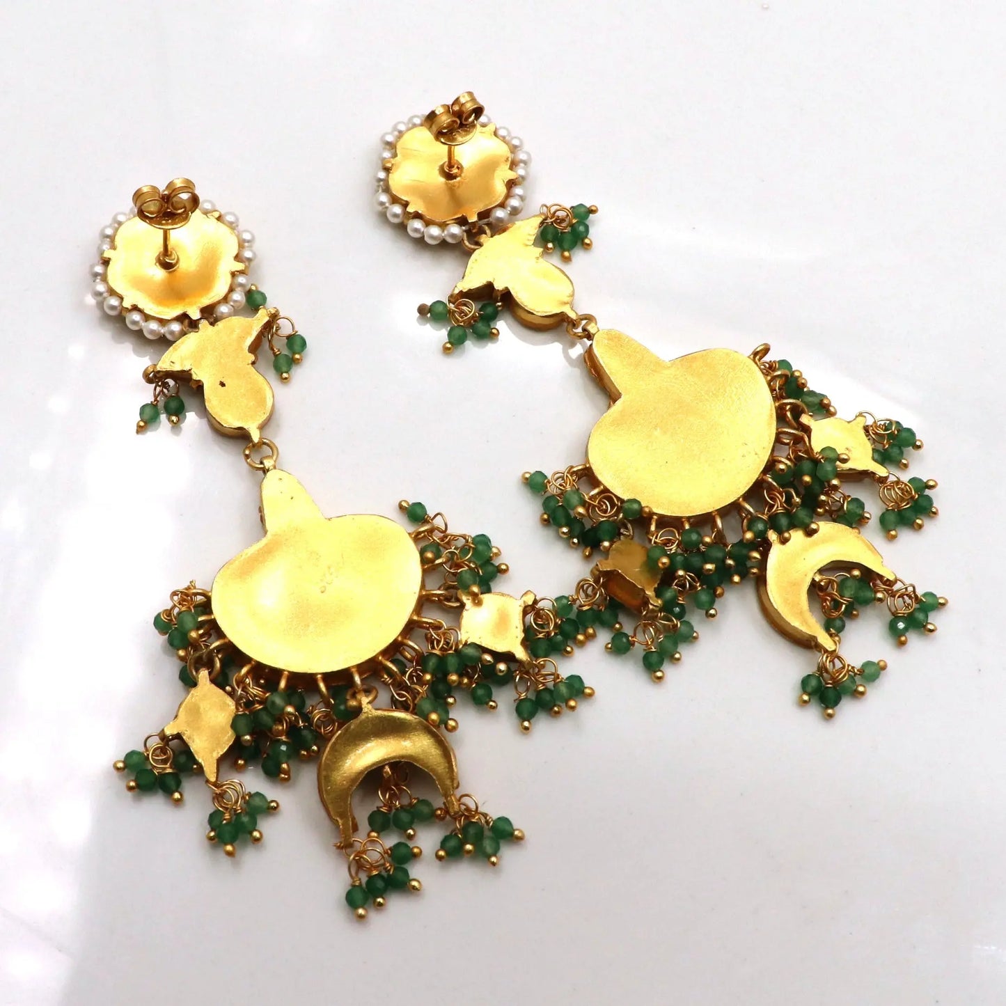 Gold Plated Green Onyx, Enamel, Moissanite and Pearl Studs Earring Jewelry VJewels