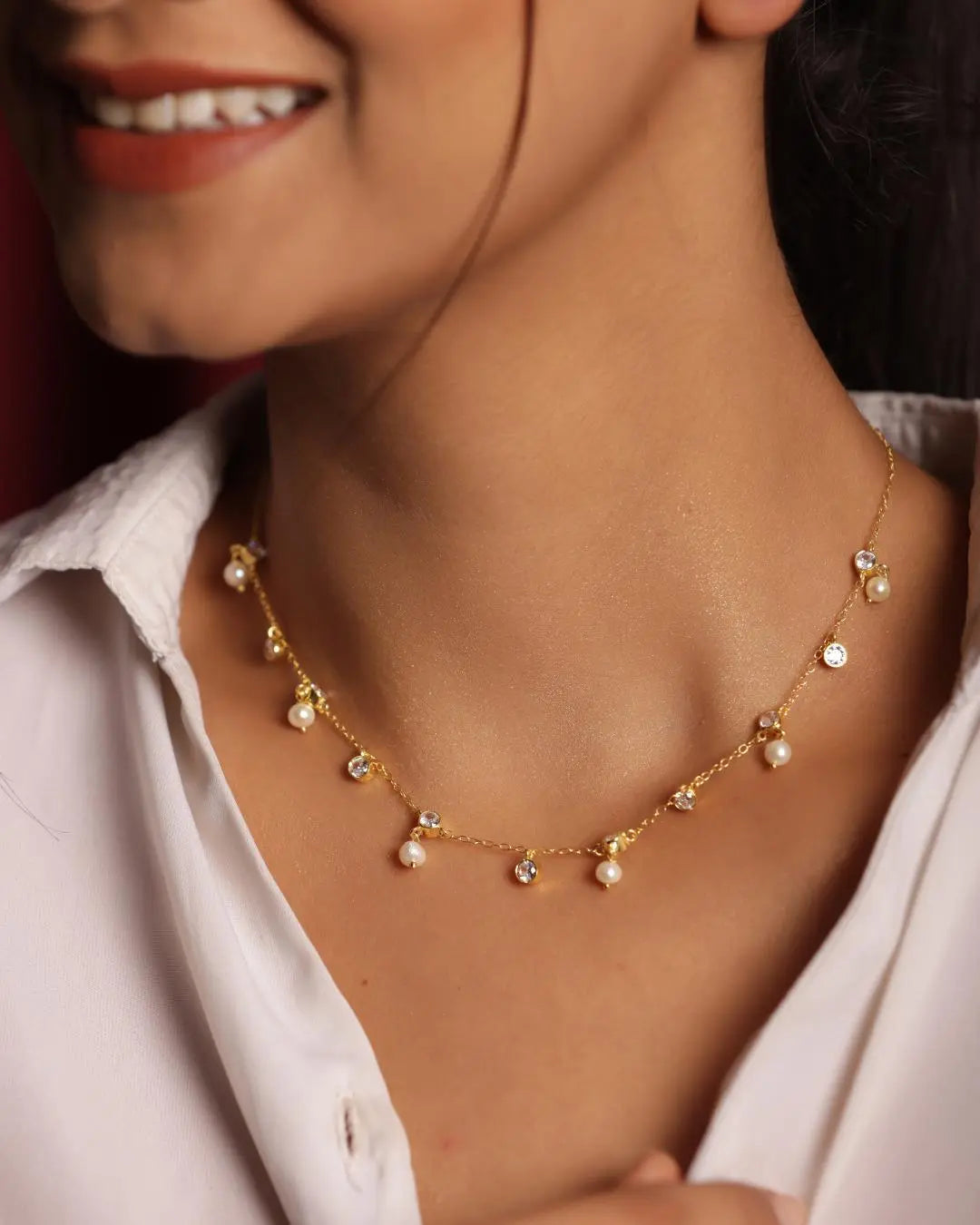 Gold Plated Minimalist Pearl with CZ Necklace for Women Jewelry