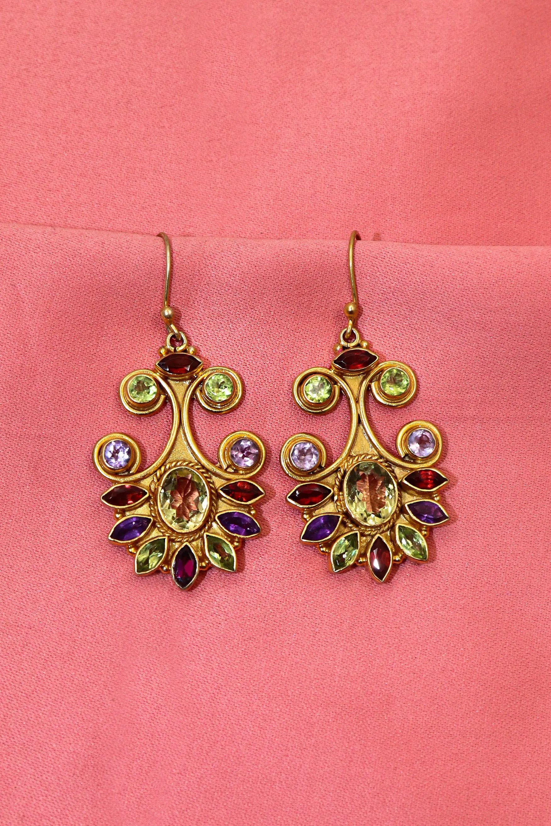 Gold-Plated Modern Earrings Adorned multi Gemstone with Flower Design Earring