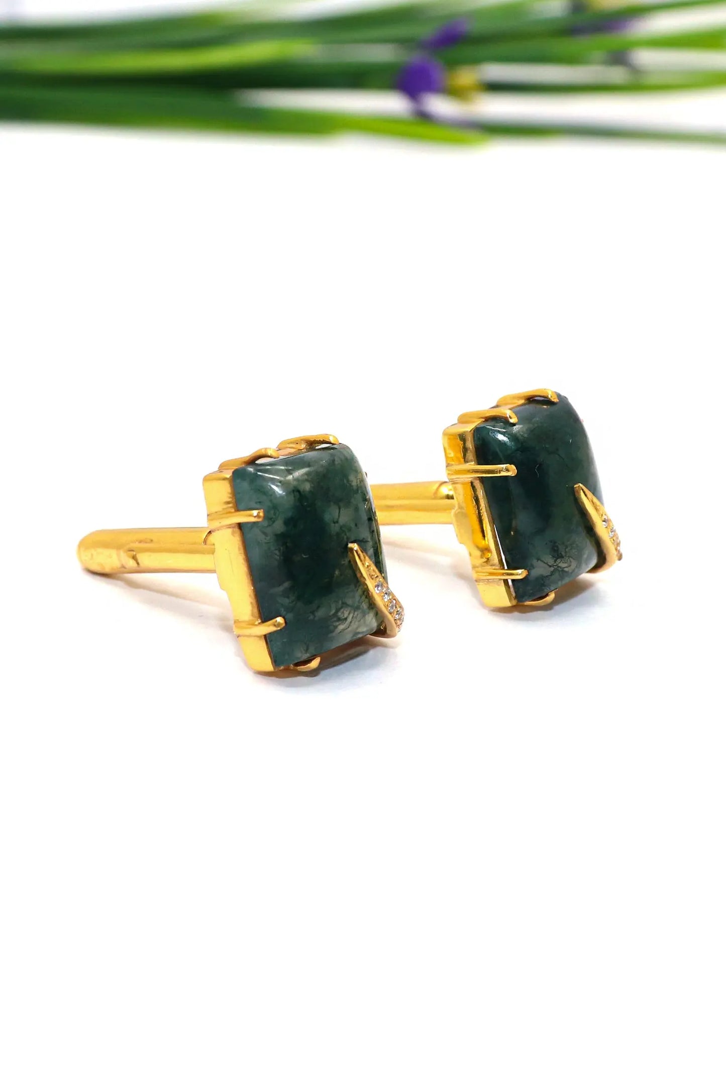 Gold Plated Moss Green Agate Gemstone cufflinks Jewelry