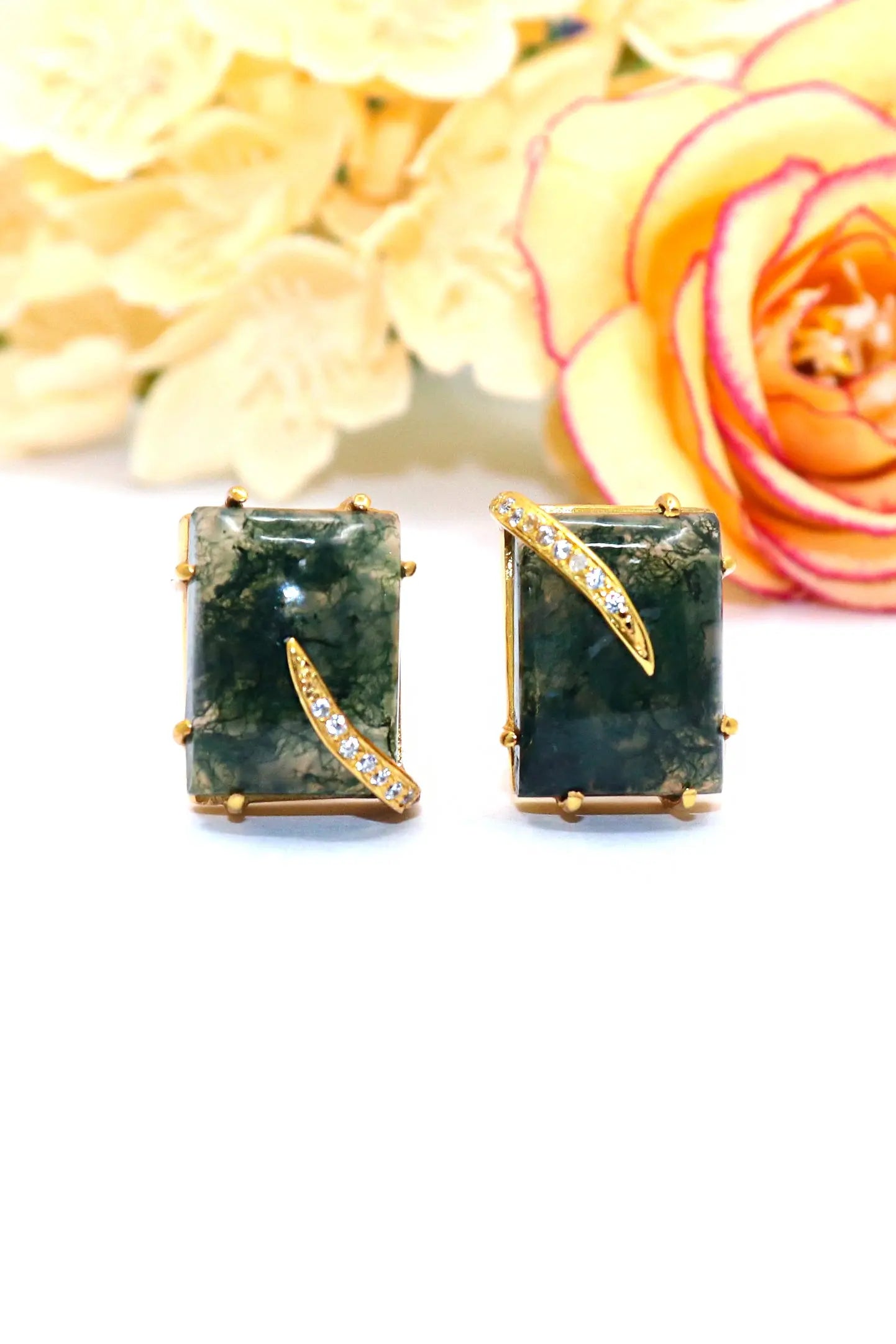 Gold Plated Moss Green Agate Gemstone cufflinks Jewelry