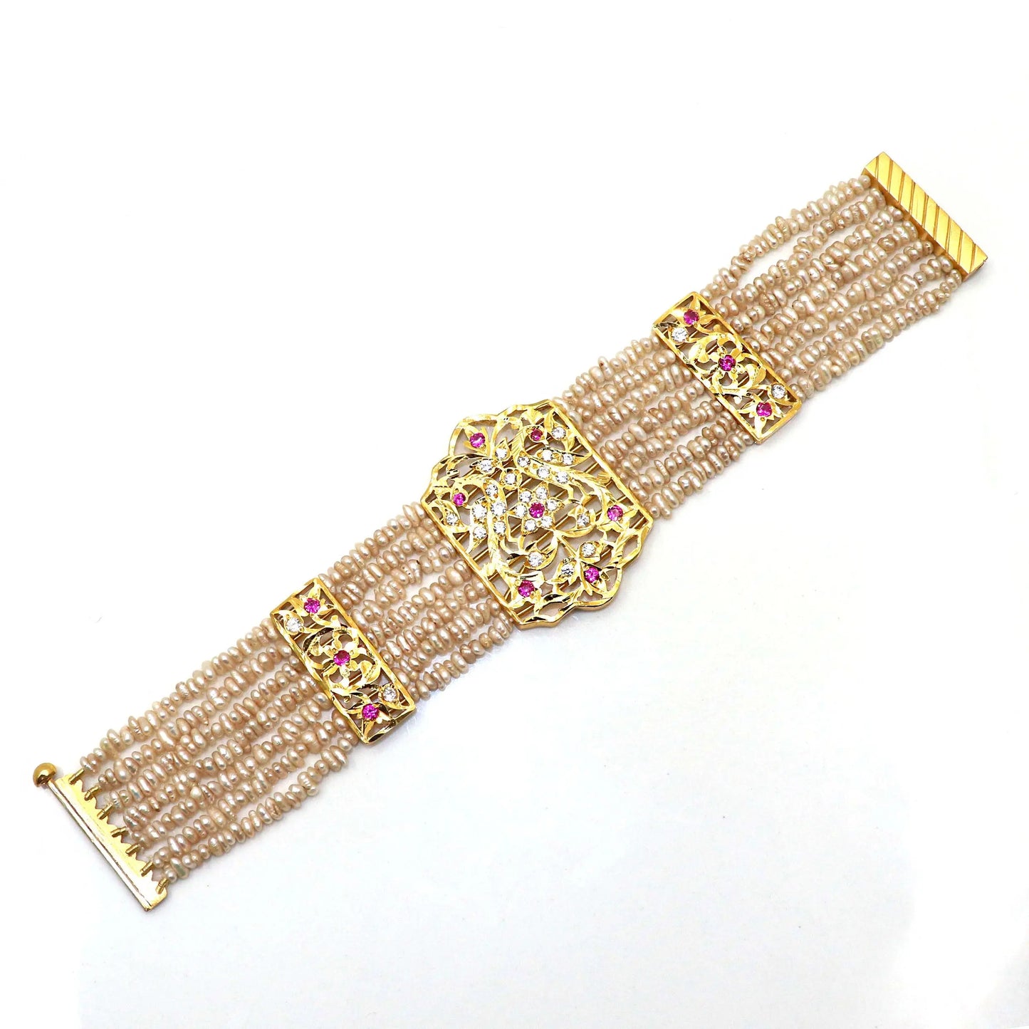 Gold Plated Pearl, CZ And Ruby Gemstone Bracelet