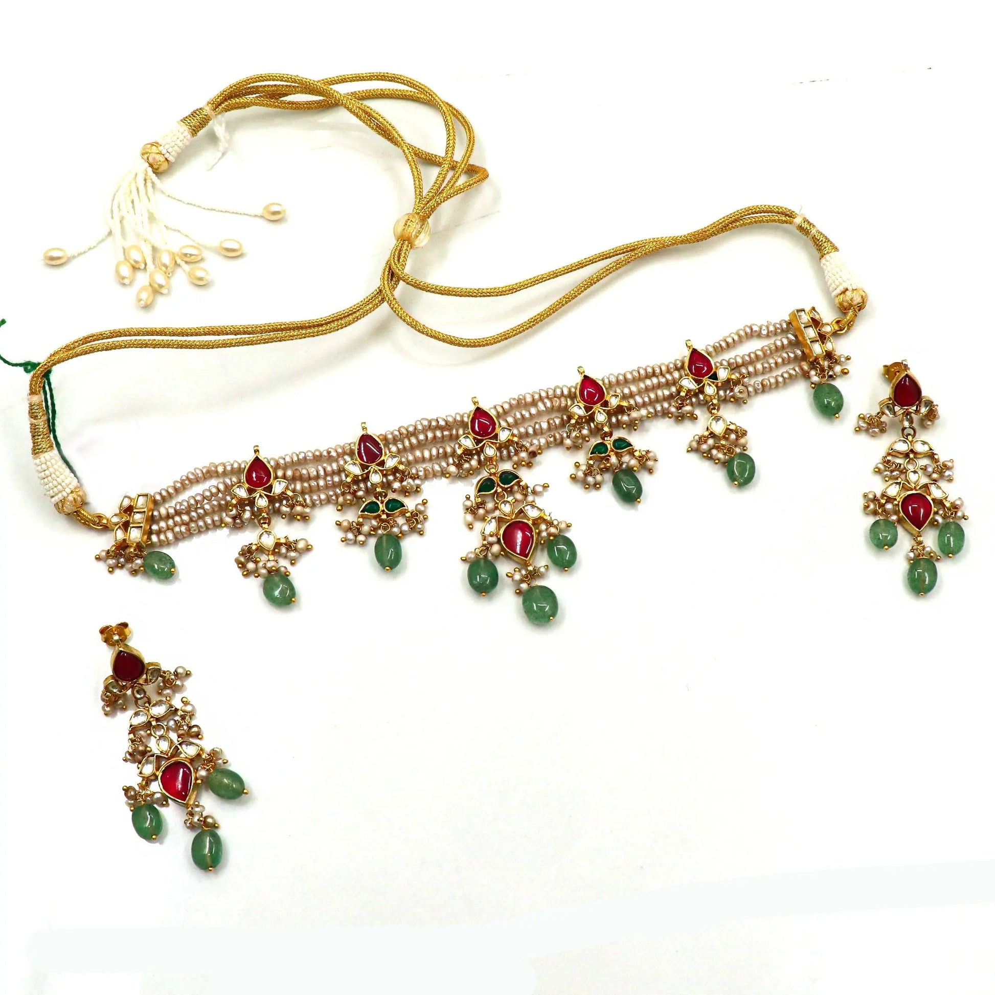 Gold Plated Pearl, Moissanite, Enamel With Semi Precious Gemstone Traditional Necklace Set Jewelry VJewels