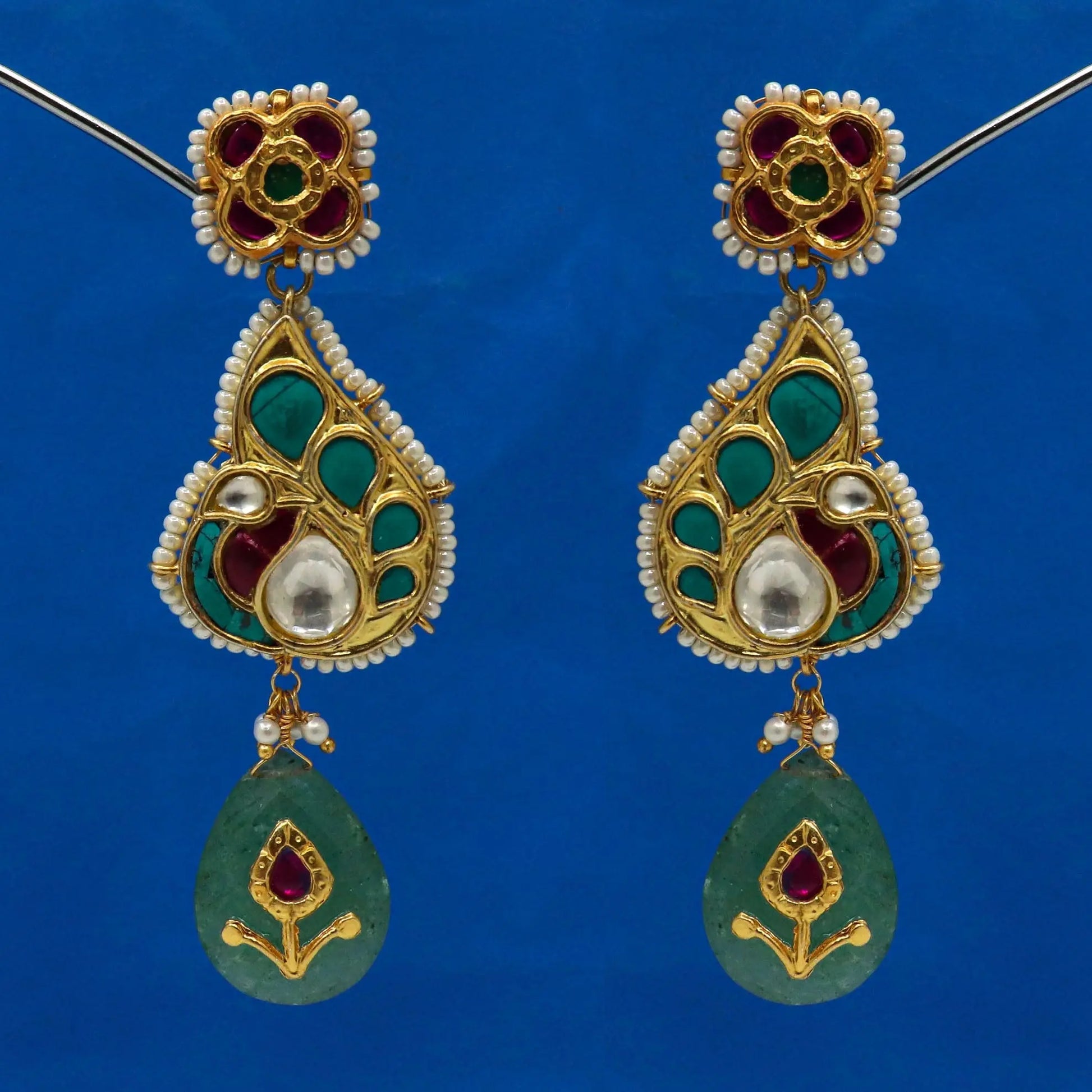 Gold Plated Pearl, Moissanite, Turquoise And Enamel Traditional Earring Jewelry VJewels