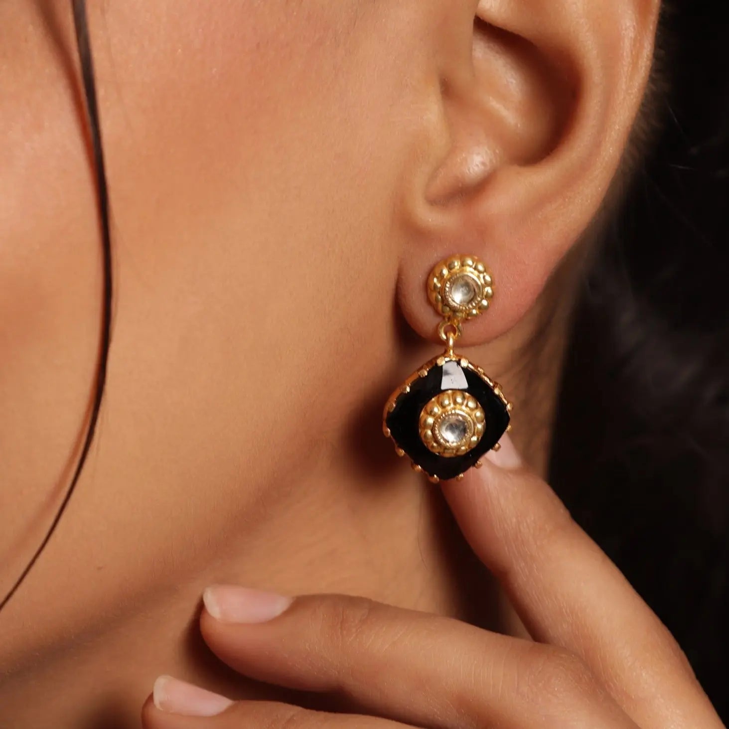 Gold Plated Regal Black Onyx Gold Plated Jadau Polki Earrings Jewelry