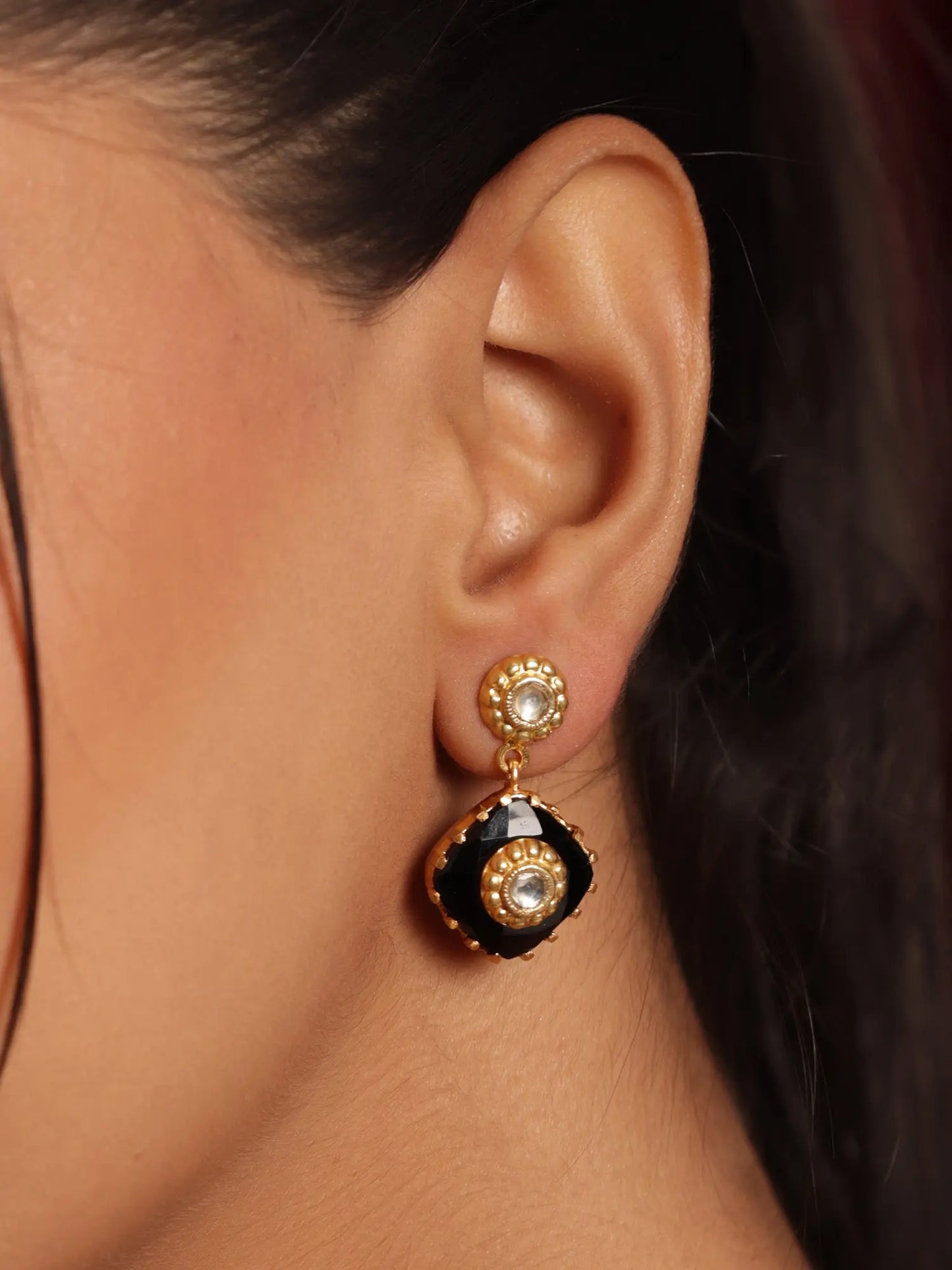 Gold Plated Regal Black Onyx Gold Plated Jadau Polki Earrings Jewelry