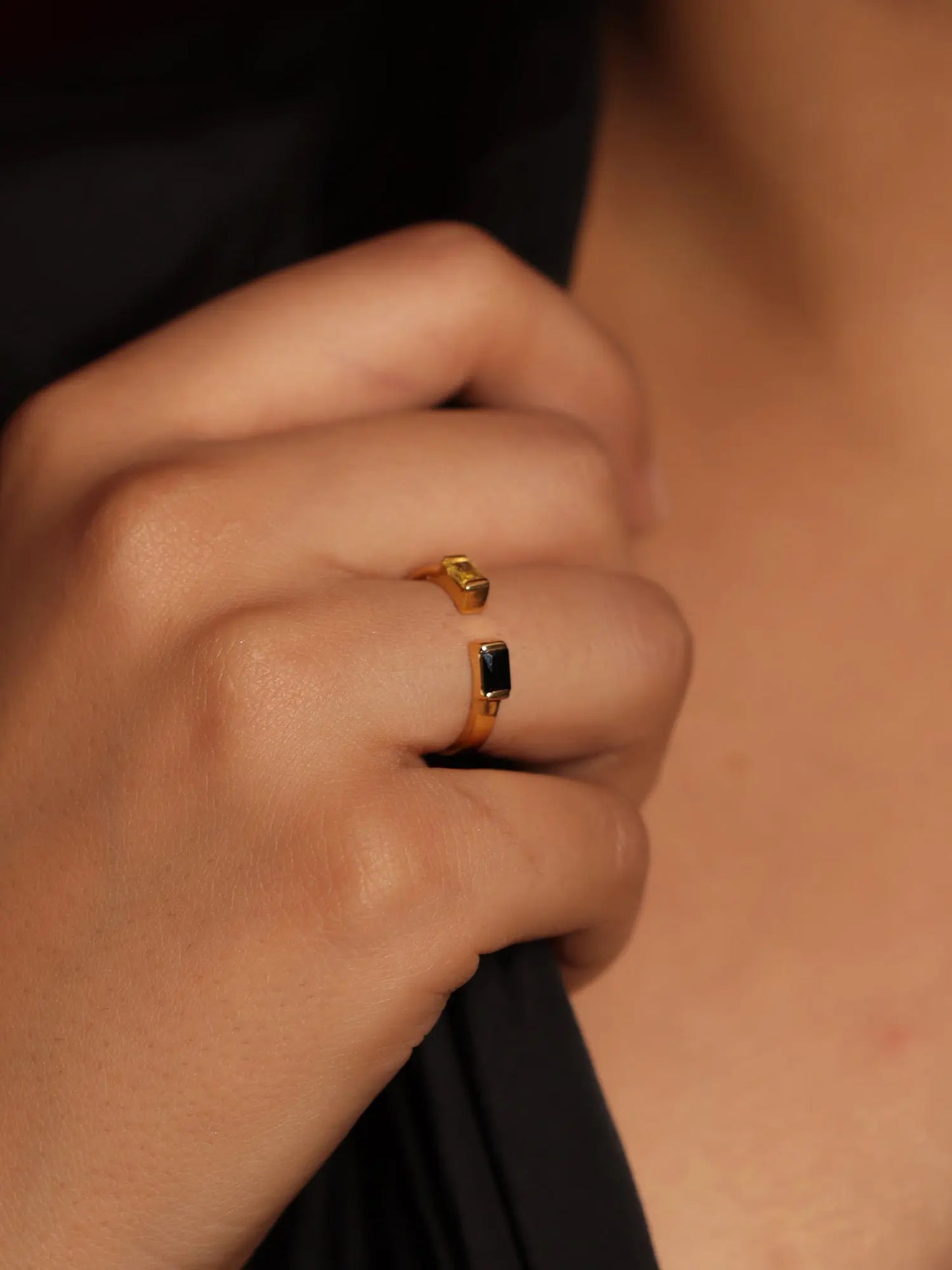 Gold Plated Ring Black Onyx and Lemon Quartz Gemstone DAO Bagutte Open Ring.