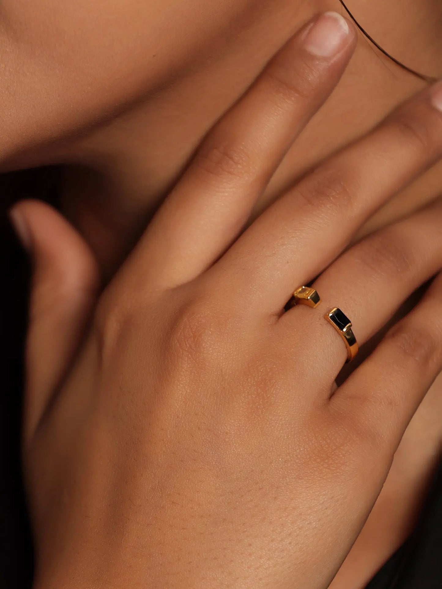 Gold Plated Ring Black Onyx and Lemon Quartz Gemstone DAO Bagutte Open Ring.