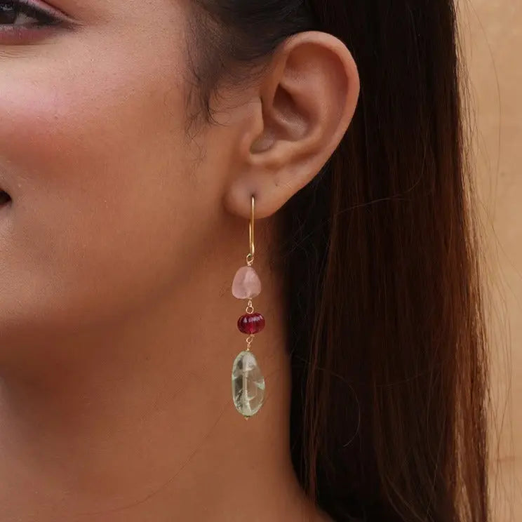 Gold Plated Rose quartz, Green Amethyst, and Ruby Gemstone Hook Earrings Jewelry