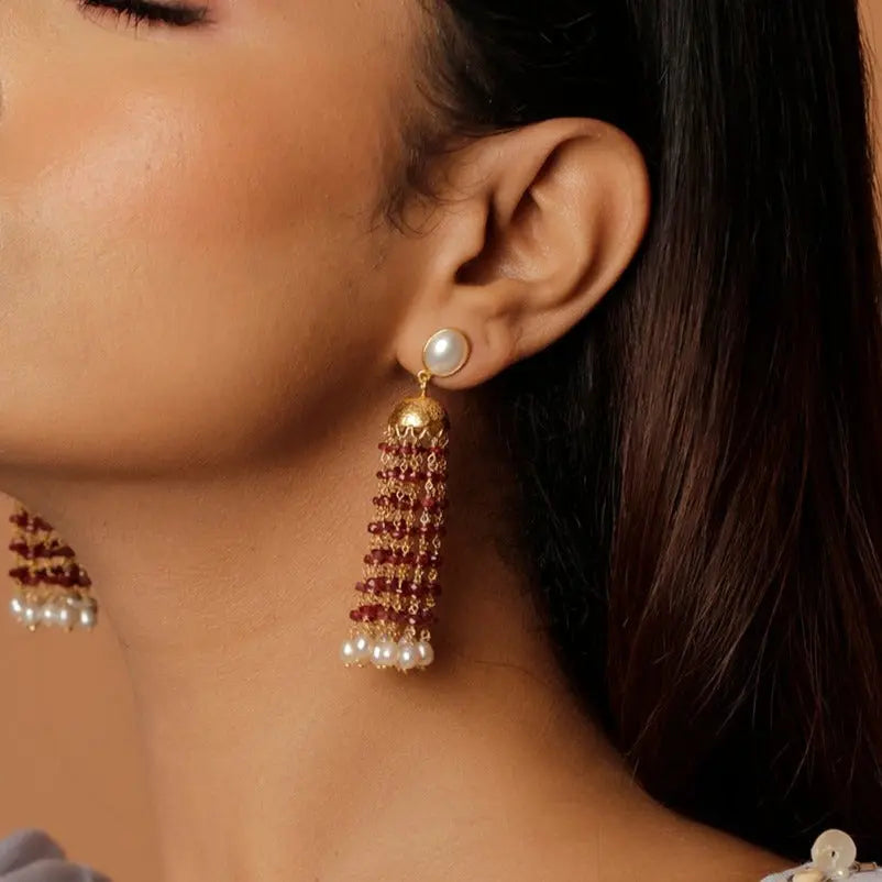 Gold Plated Ruby Beads And Pearl Oasis Earrings Jewelry